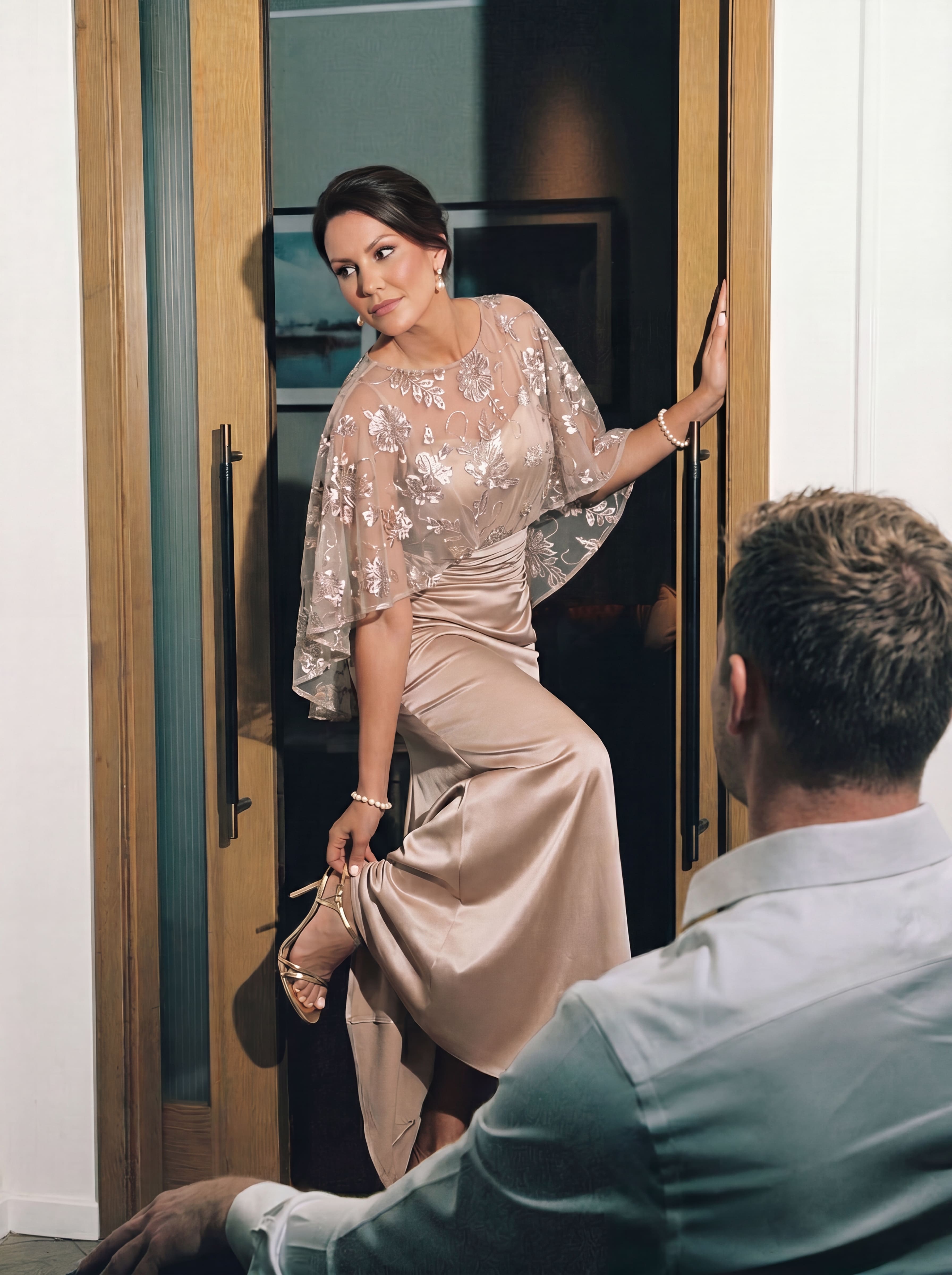 Champagne Floral Beaded Capelet Evening Gown - Ruched Satin mother of the Bride Dress with Tummy Control