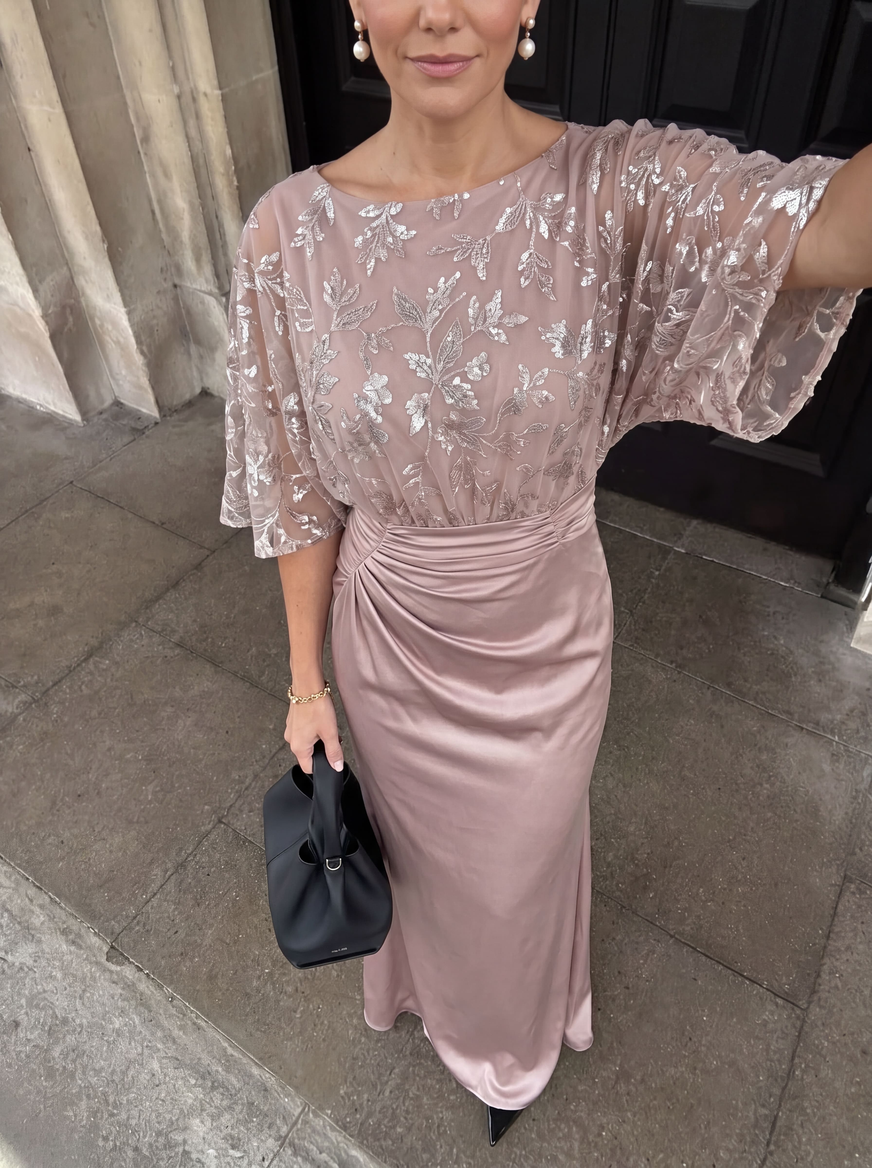 Blush Pink Floral Sequin Evening Gown - Batwing Sleeve Ruched Satin Mother of the Bride Dress