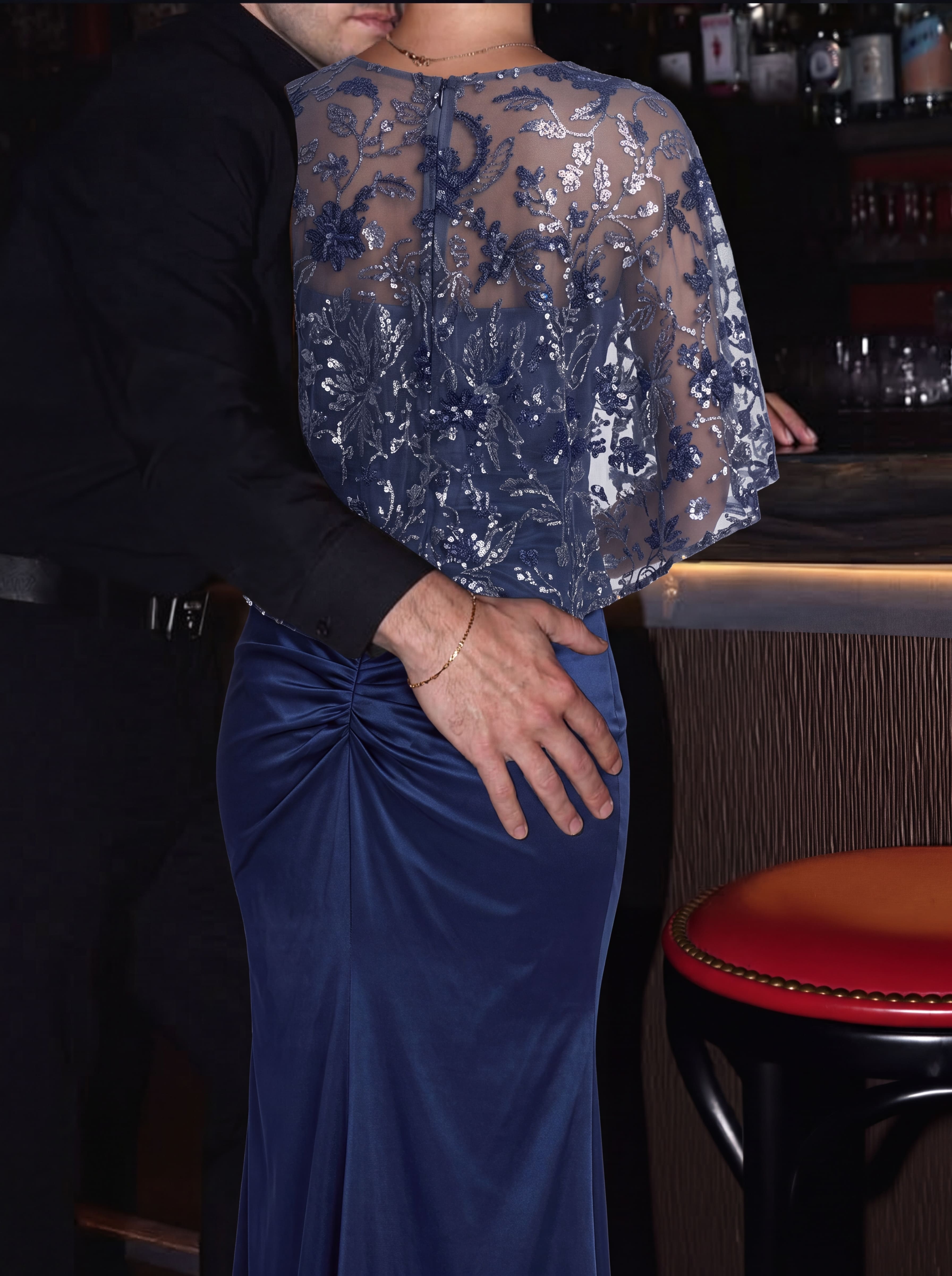 Navy Blue Sequin Capelet Evening Gown - Ruched Satin Mermaid Grandmother of the Bride Dress