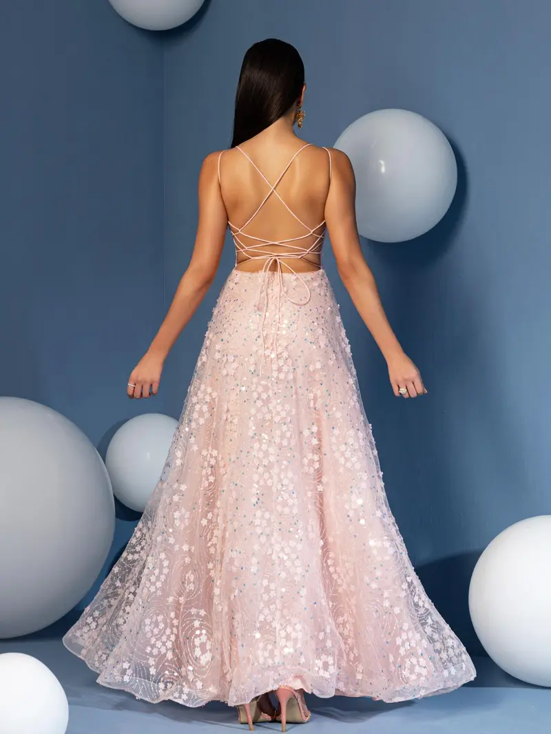 Romantic Blush 3D Floral A-Line Prom Dress - Spaghetti Strap V-Neck Evening Gown with High Slit & Illusion Waist