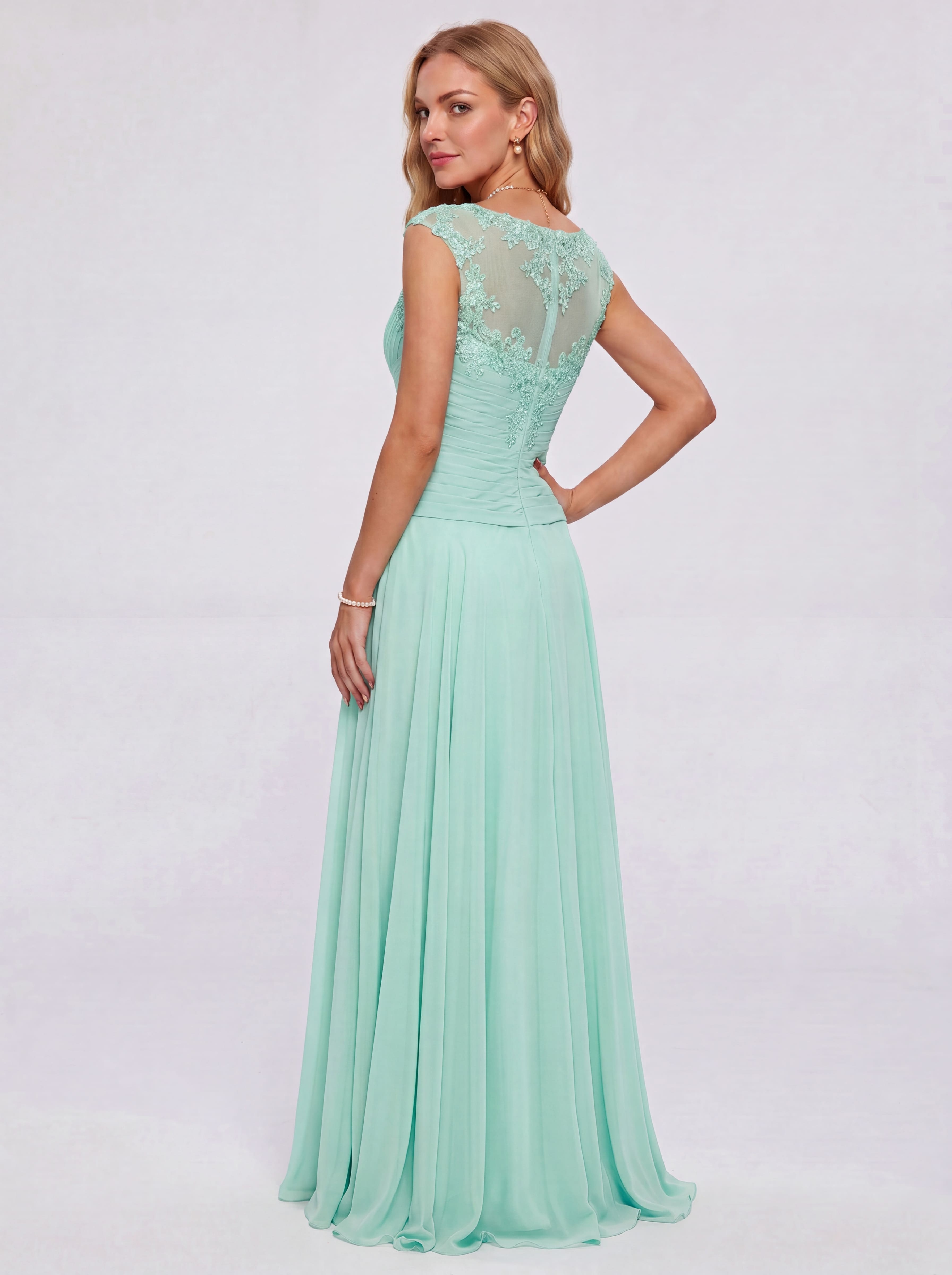 Elegant Cap Sleeve Illusion Neckline Maxi Dress - Ruched Waist Chiffon Formal Evening Gown for Wedding Guest, Bridesmaid & Prom