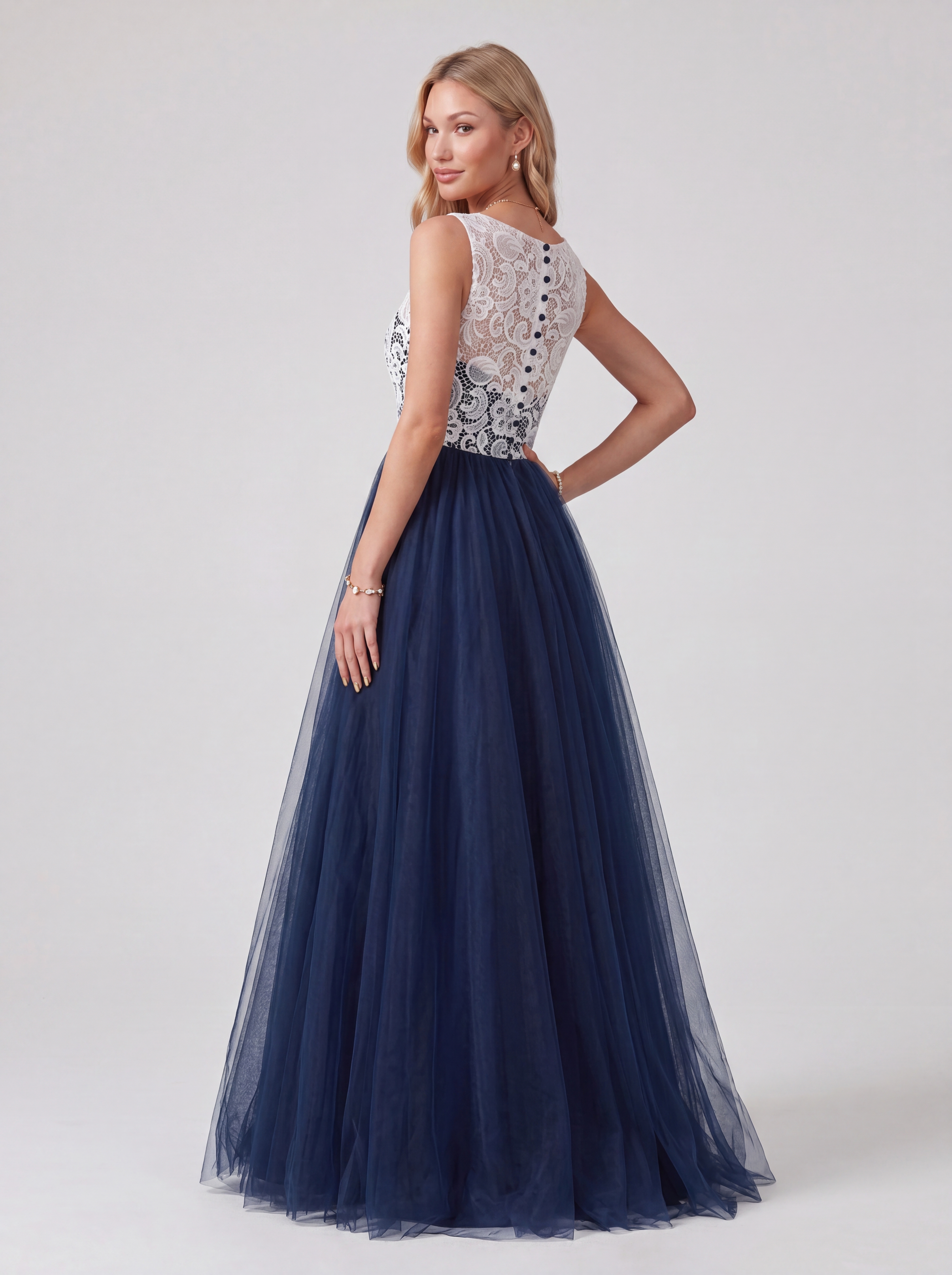 Navy Blue and White Lace Evening Dress Long - Illusion Neck Tulle Prom Ball Gown with Cap Sleeves