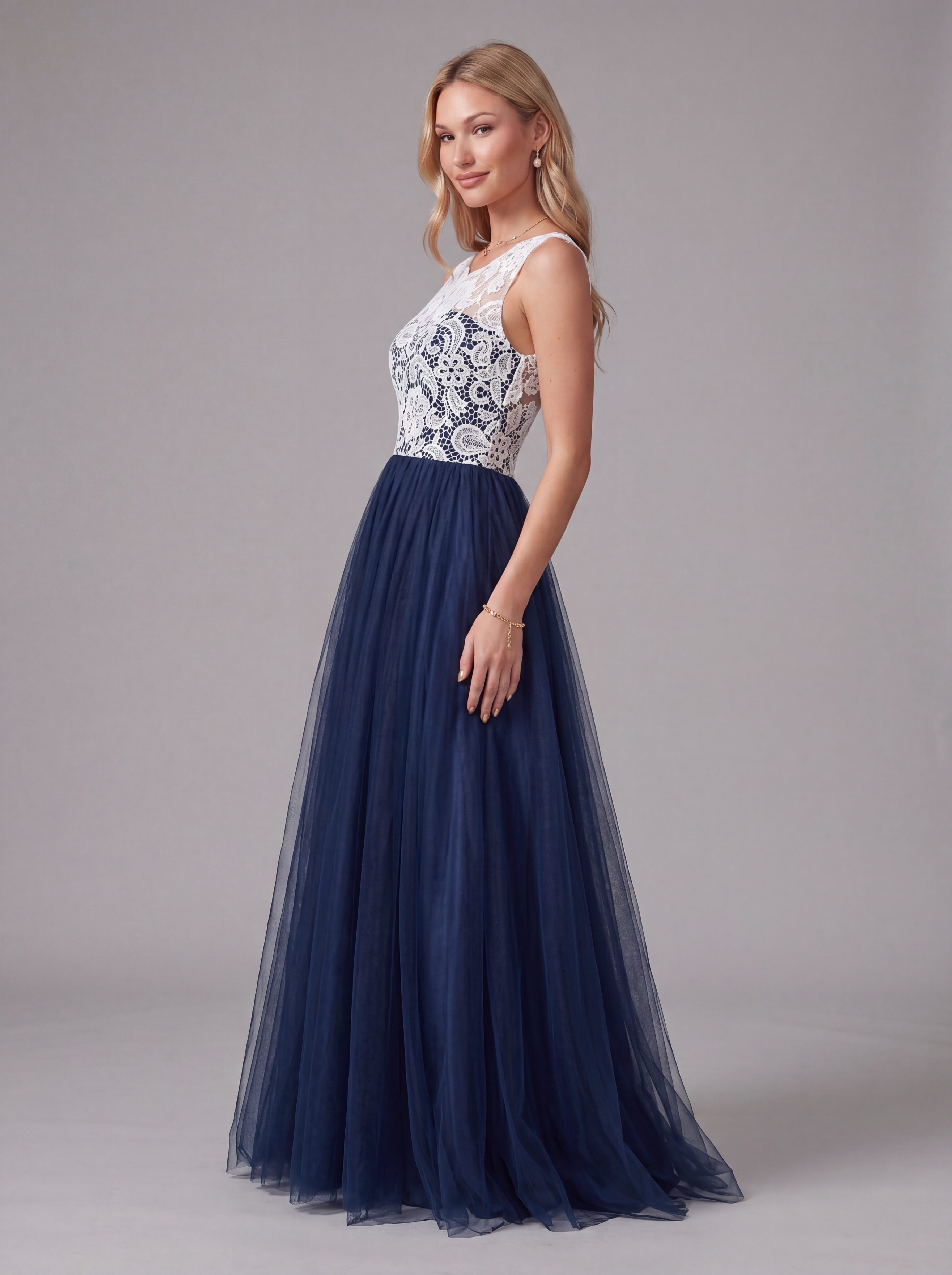 Navy Blue and White Lace Evening Dress Long - Illusion Neck Tulle Prom Ball Gown with Cap Sleeves