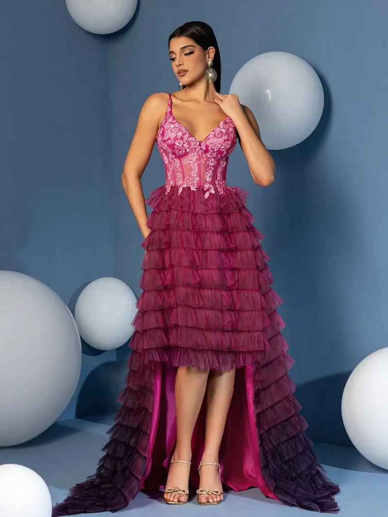 Ombré Pink to Purple High-Low Evening Gown - Sheer Corset Ruffled Tulle Prom Dress with Floral Embroidery