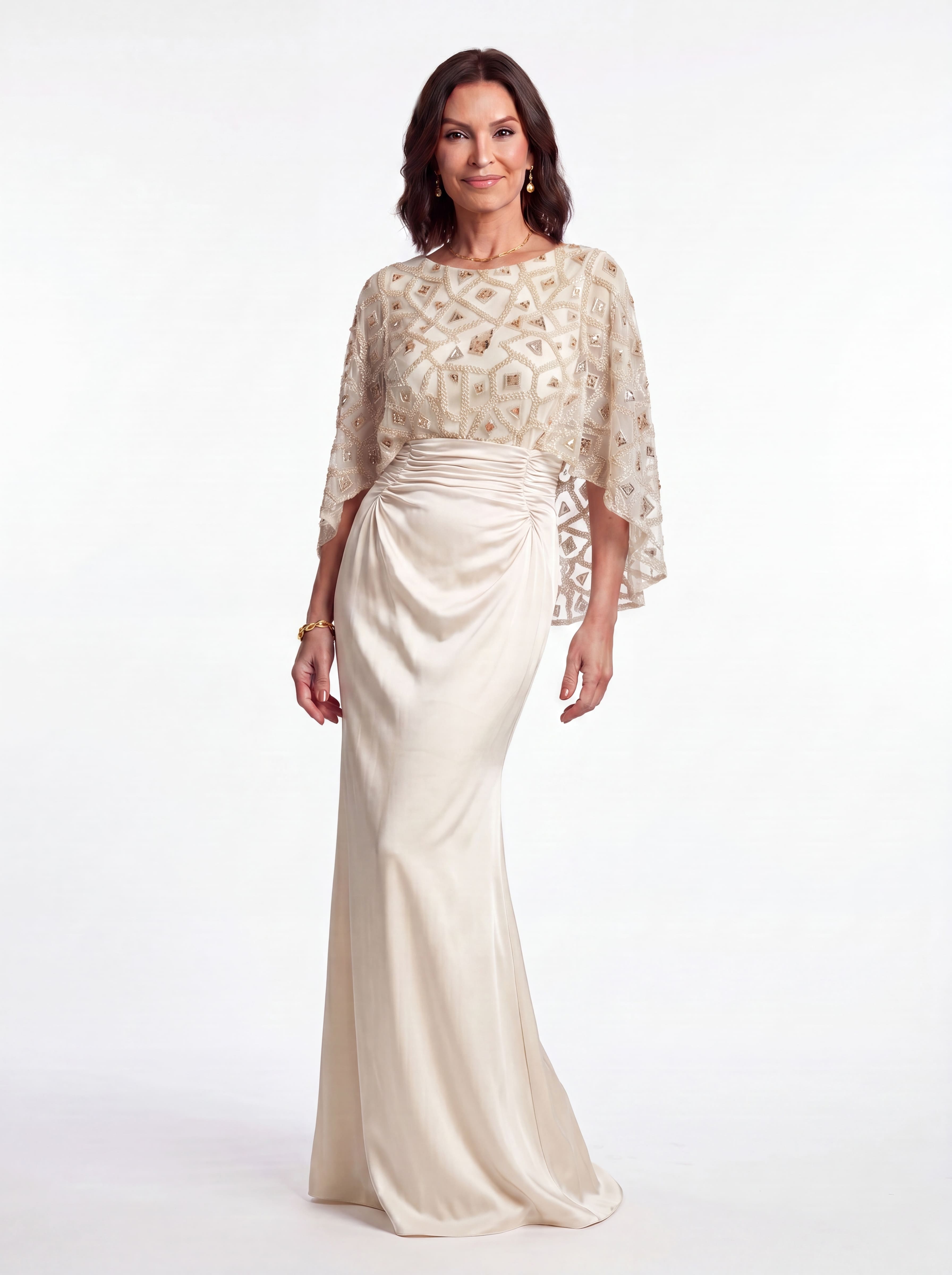 Ivory Beaded Capelet Evening Gown - Ruched Satin Soft Mermaid Grandmother of the Bride Dress