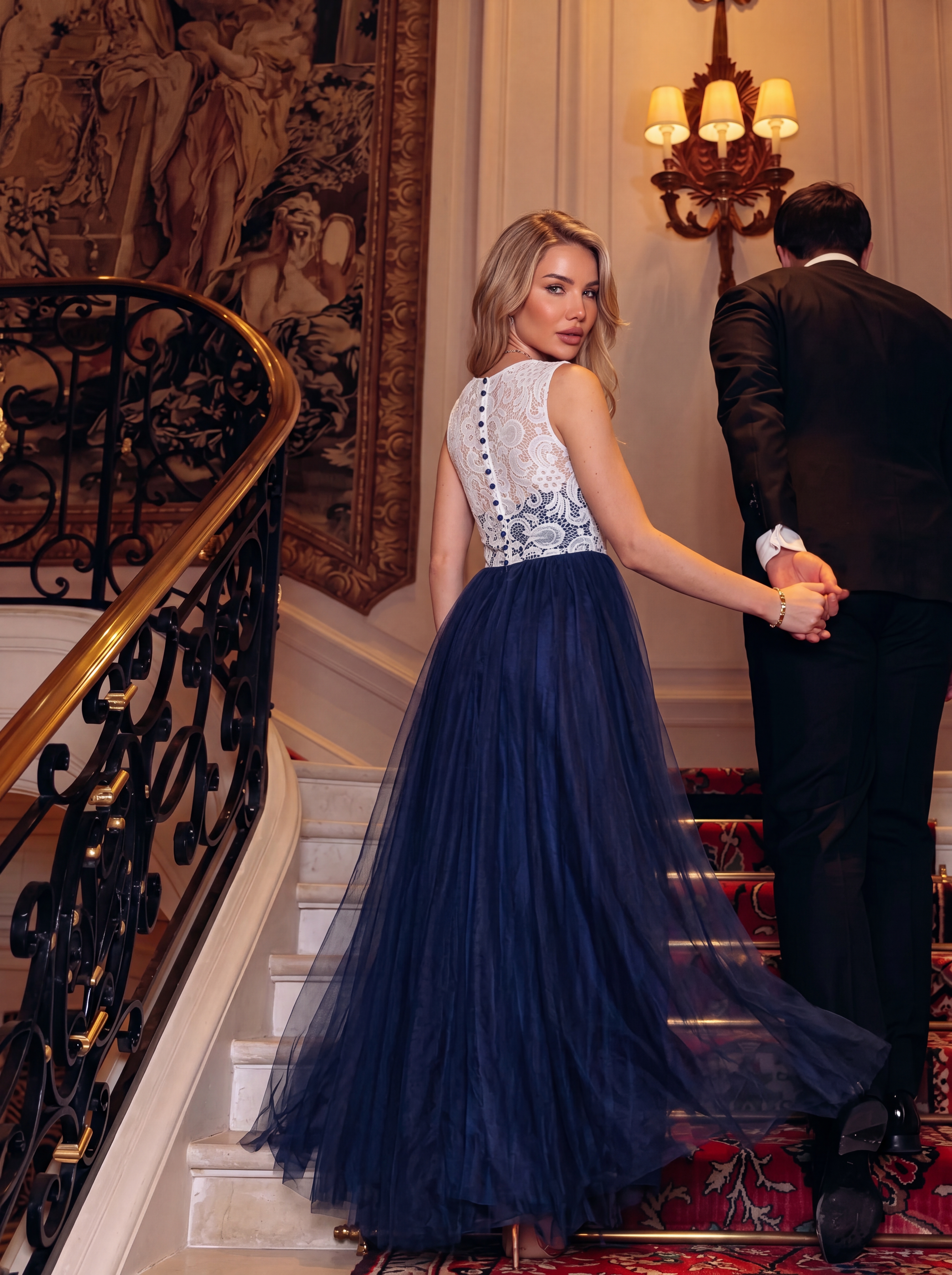 Navy Blue and White Lace Evening Dress Long - Illusion Neck Tulle Prom Ball Gown with Cap Sleeves