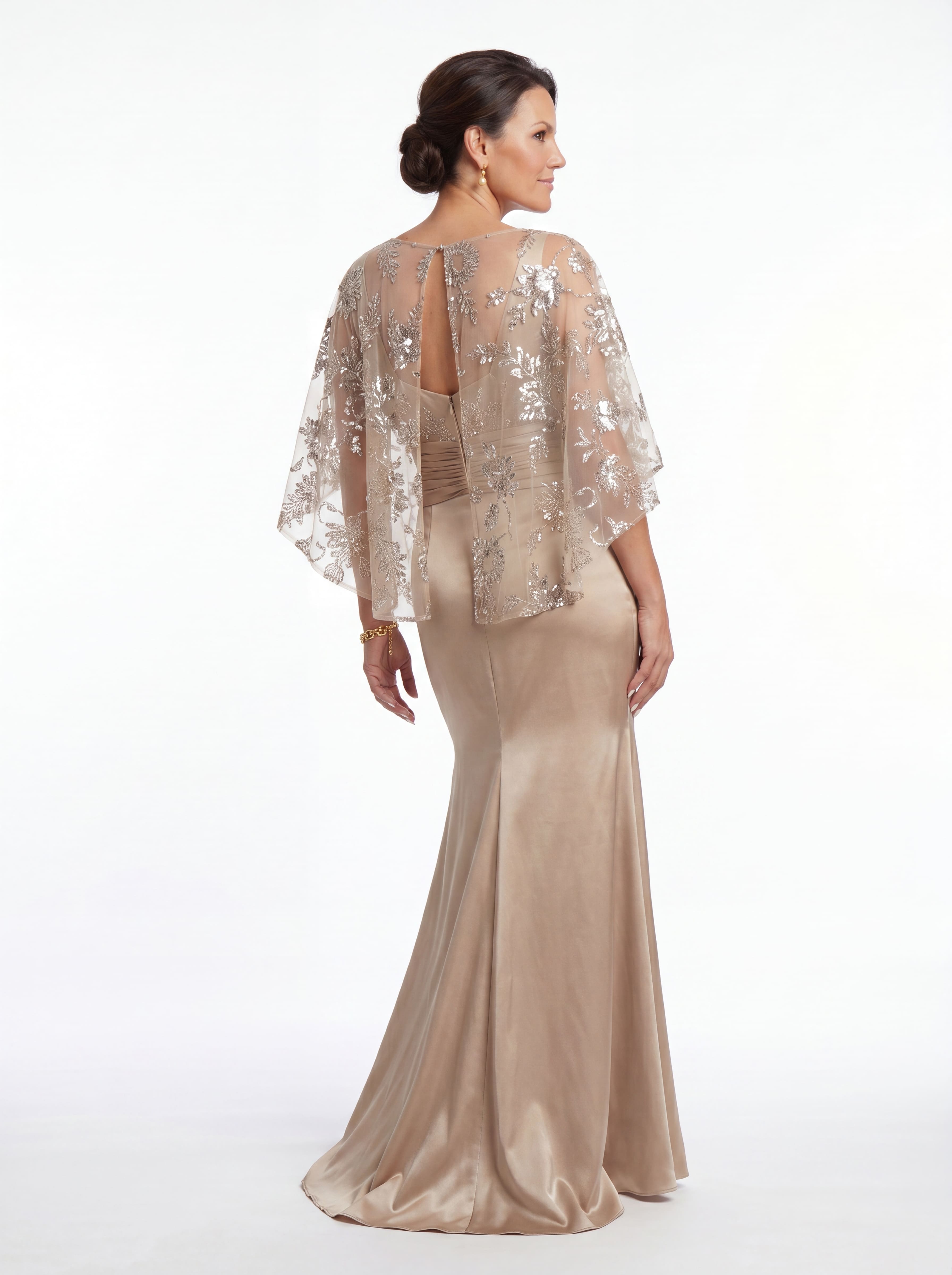Champagne Floral Beaded Capelet Evening Gown - Ruched Satin mother of the Bride Dress with Tummy Control