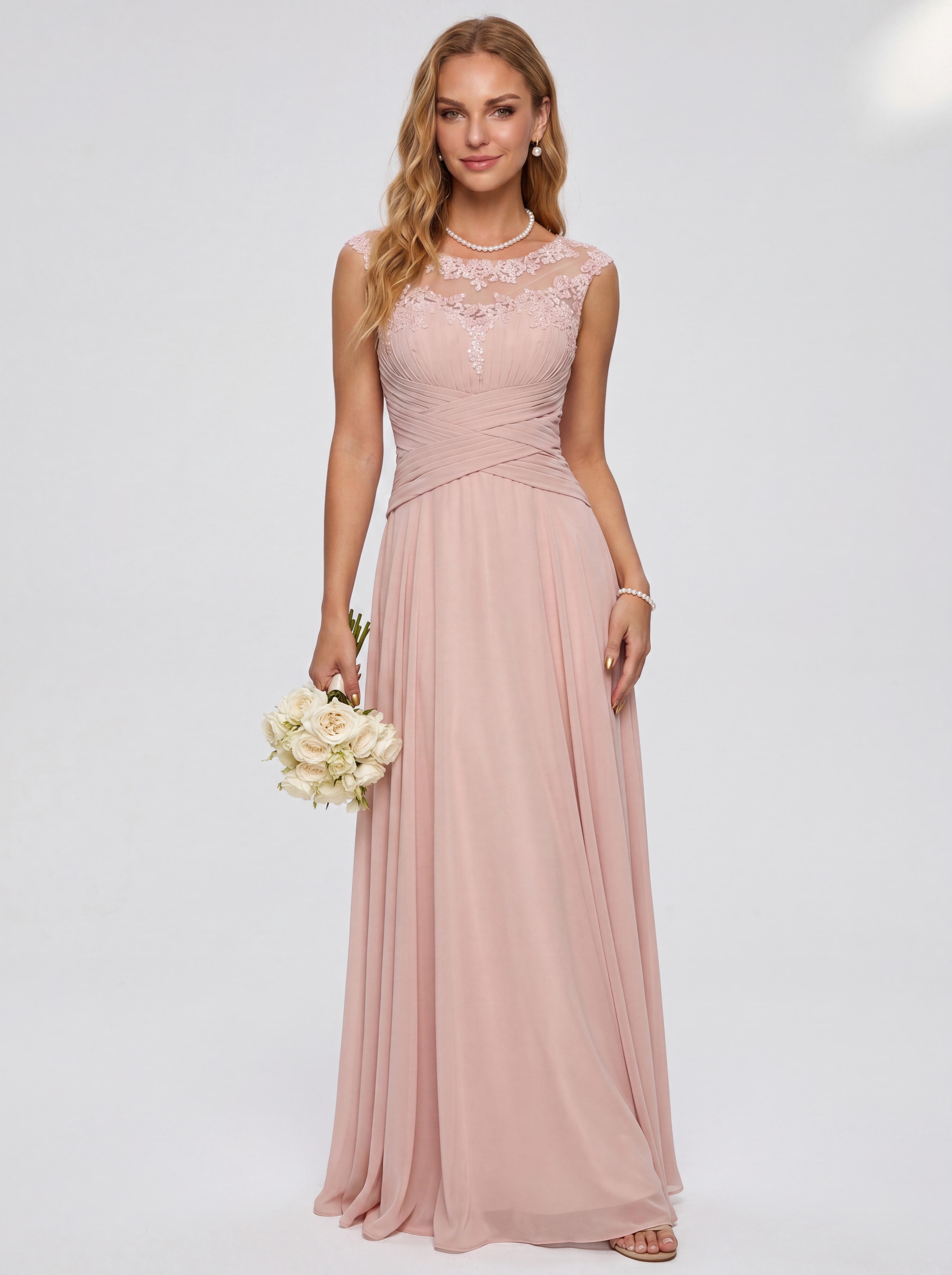 Elegant Cap Sleeve Illusion Neckline Maxi Dress - Ruched Waist Chiffon Formal Evening Gown for Wedding Guest, Bridesmaid & Prom