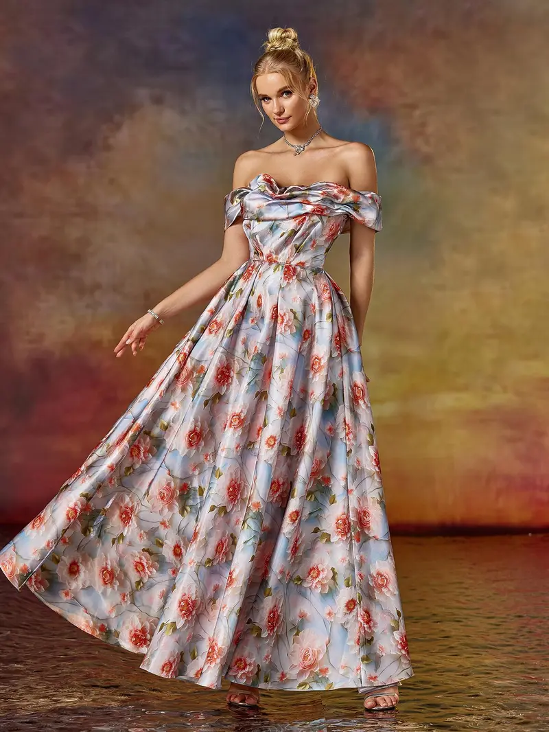 Vintage Floral Off-The-Shoulder Evening Gown - Pleated A-Line Prom Dress & Spring Wedding Guest Maxi