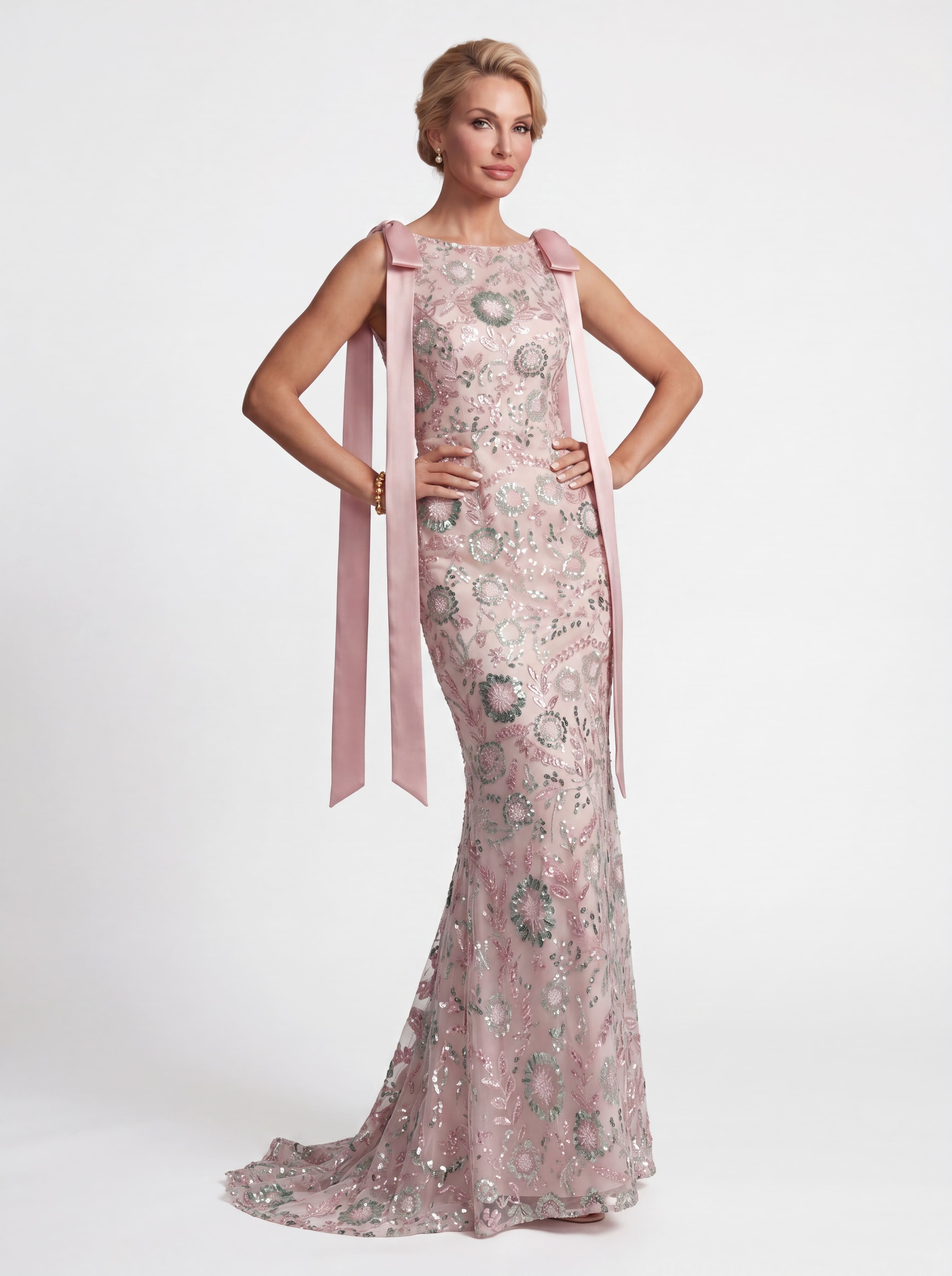 Blush Pink Beaded Floral Mermaid Evening Gown - Boat Neck Mother of the Bride Dress with Satin Shoulder Bows