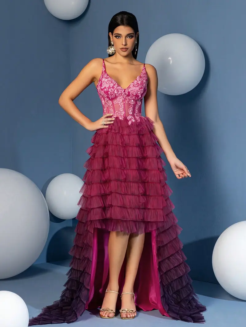 Ombré Pink to Purple High-Low Evening Gown - Sheer Corset Ruffled Tulle Prom Dress with Floral Embroidery