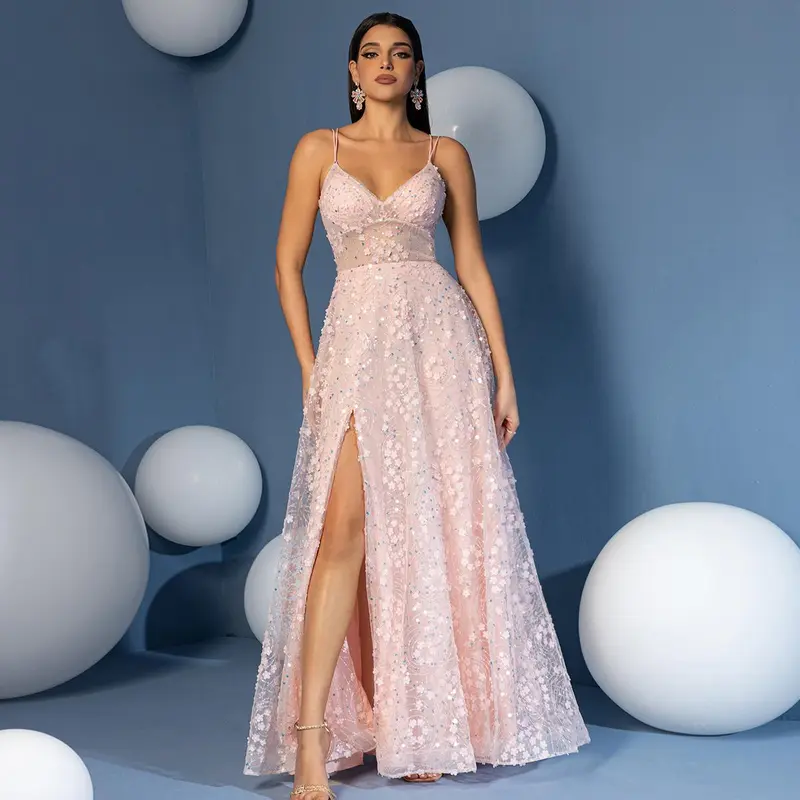 Romantic Blush 3D Floral A-Line Prom Dress - Spaghetti Strap V-Neck Evening Gown with High Slit & Illusion Waist
