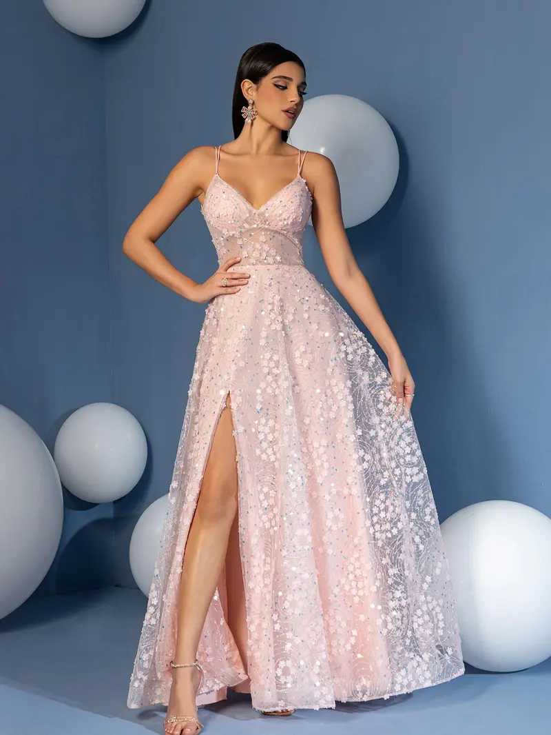 Romantic Blush 3D Floral A-Line Prom Dress - Spaghetti Strap V-Neck Evening Gown with High Slit & Illusion Waist