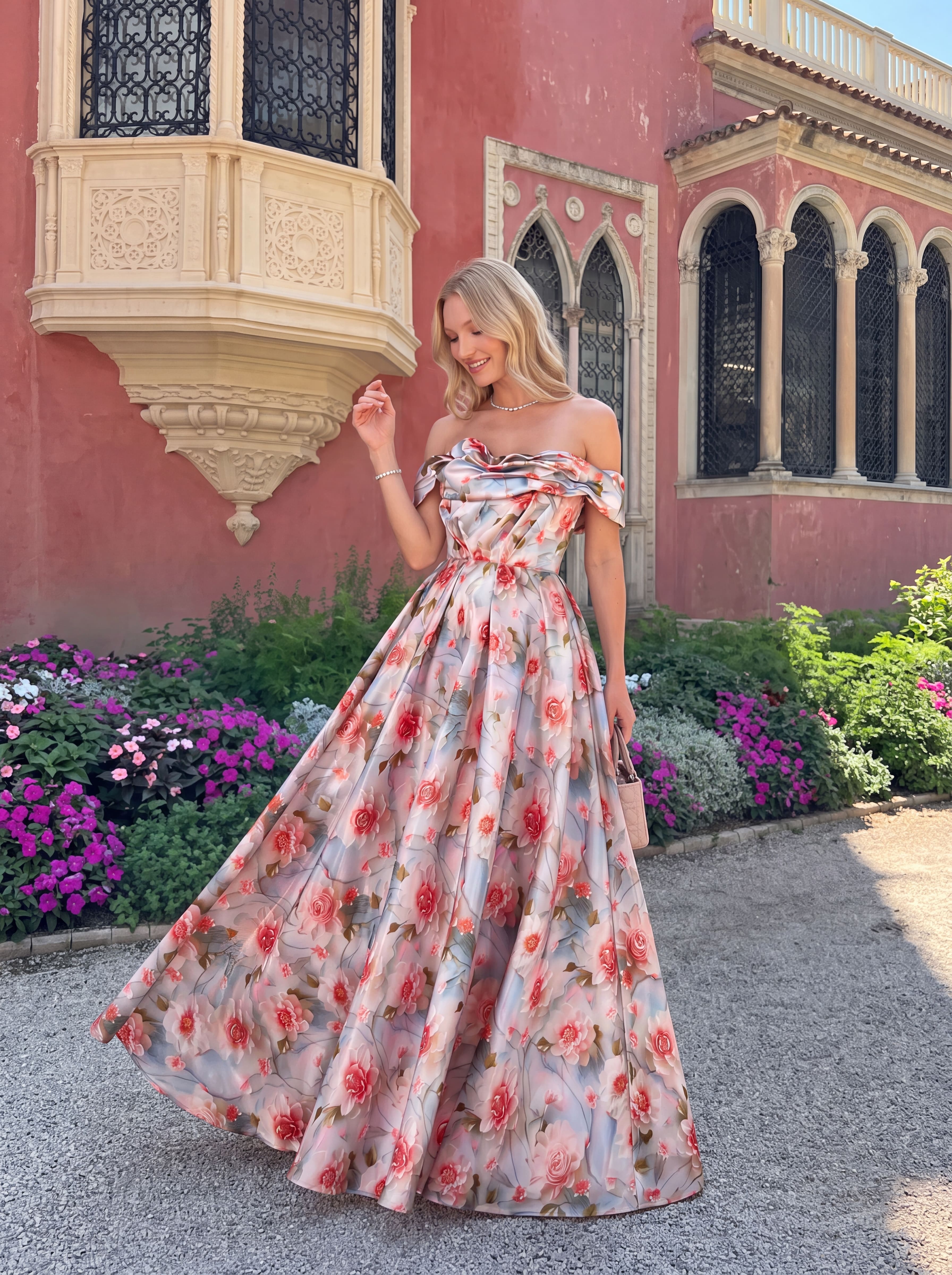 Vintage Floral Off-The-Shoulder Evening Gown - Pleated A-Line Prom Dress & Spring Wedding Guest Maxi