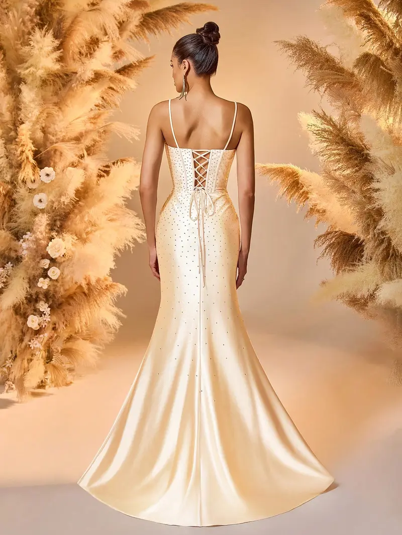 Champagne Satin Rhinestone Mermaid Prom Dress - Ruched Corset Evening Gown with High Slit