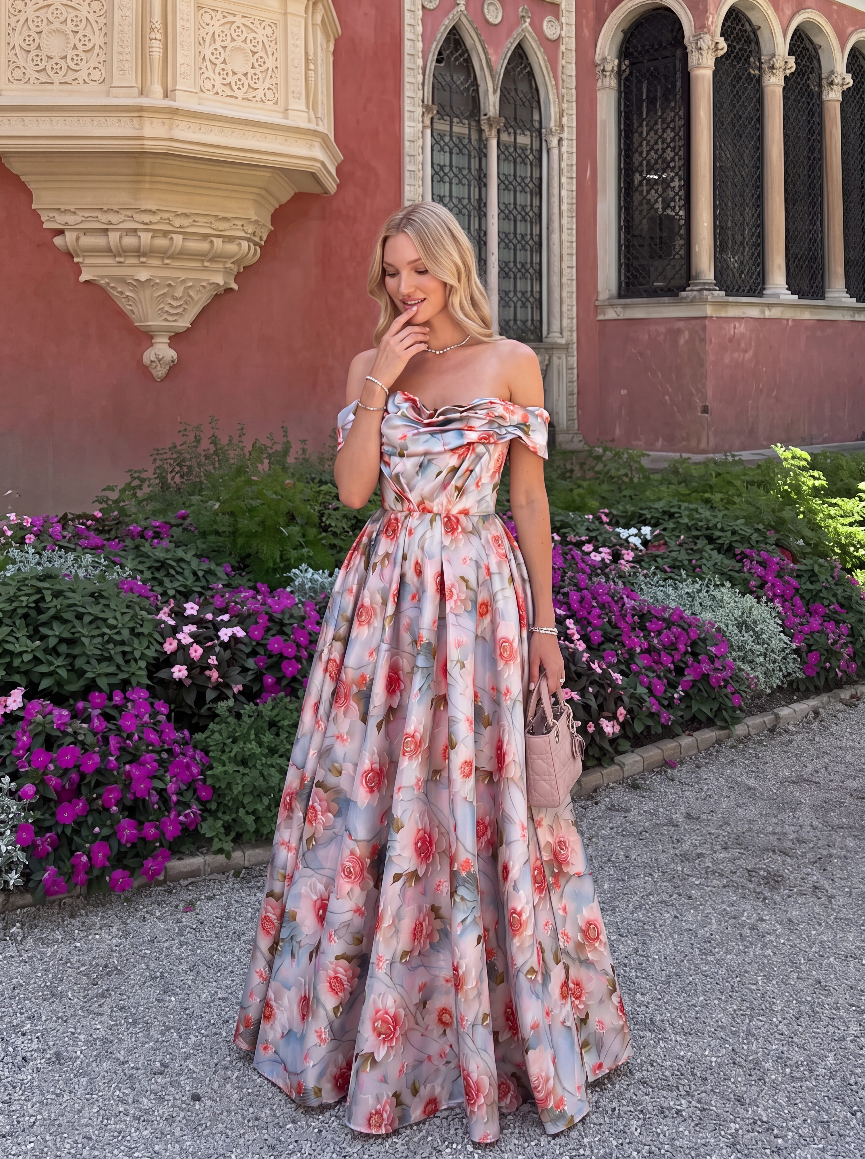Vintage Floral Off-The-Shoulder Evening Gown - Pleated A-Line Prom Dress & Spring Wedding Guest Maxi