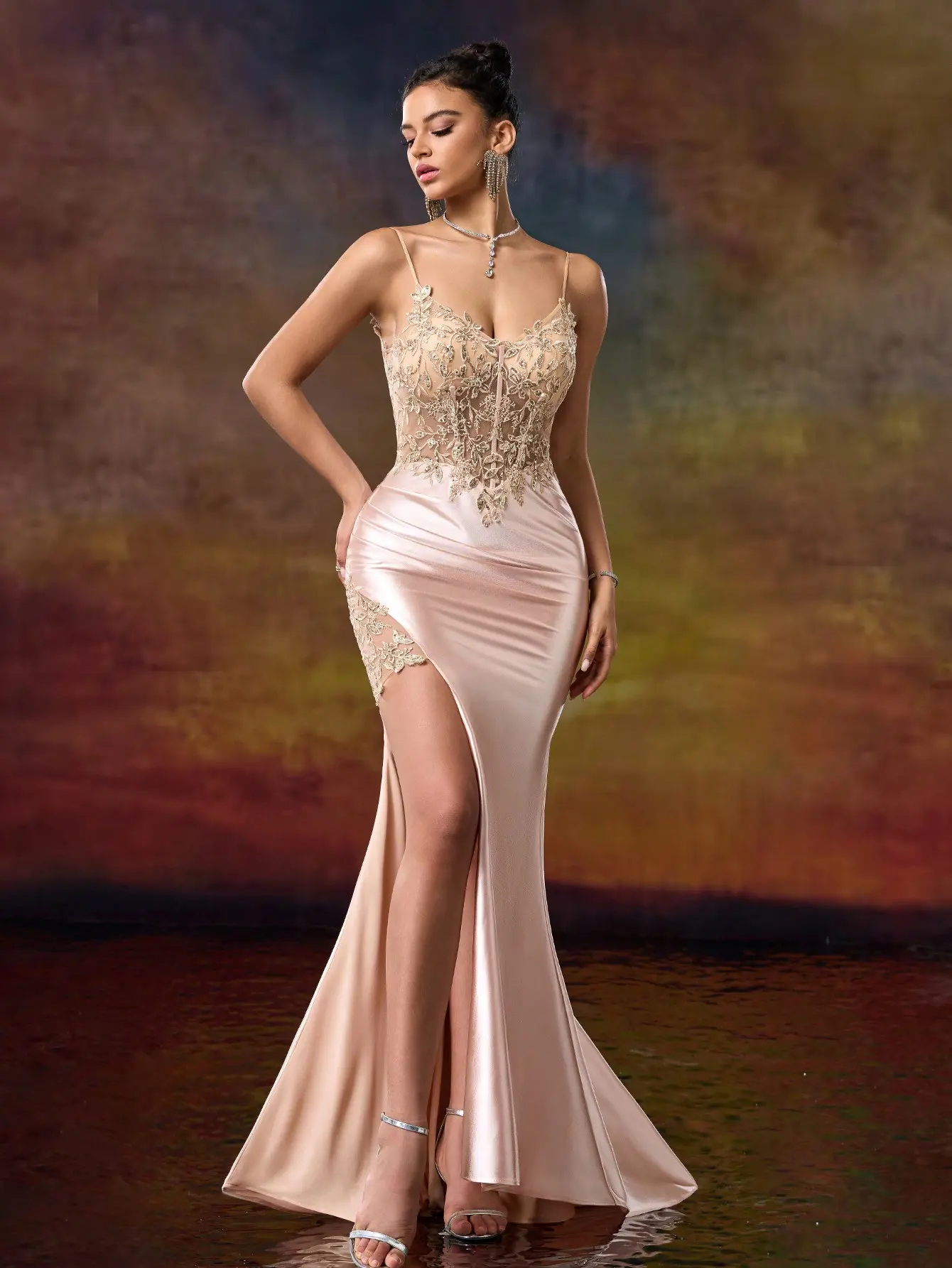 Blush Satin Mermaid Prom Dress - Illusion Gold Lace Corset Evening Gown with High Slit & Ruched Waist