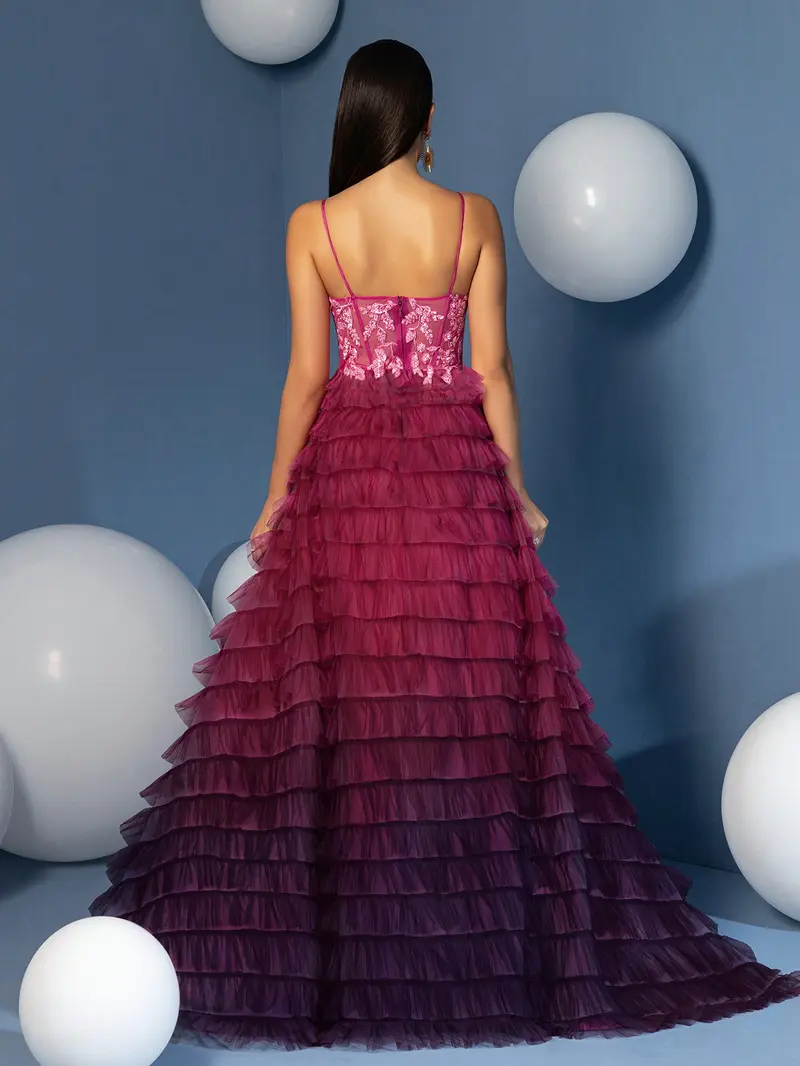 Ombré Pink to Purple High-Low Evening Gown - Sheer Corset Ruffled Tulle Prom Dress with Floral Embroidery