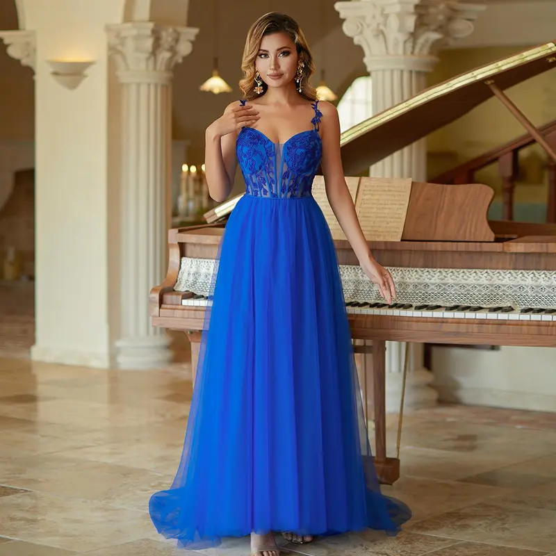 Elegant Royal Blue Lace Applique Prom Dress - Sweetheart Corset Evening Gown & Tulle Party Maxi
