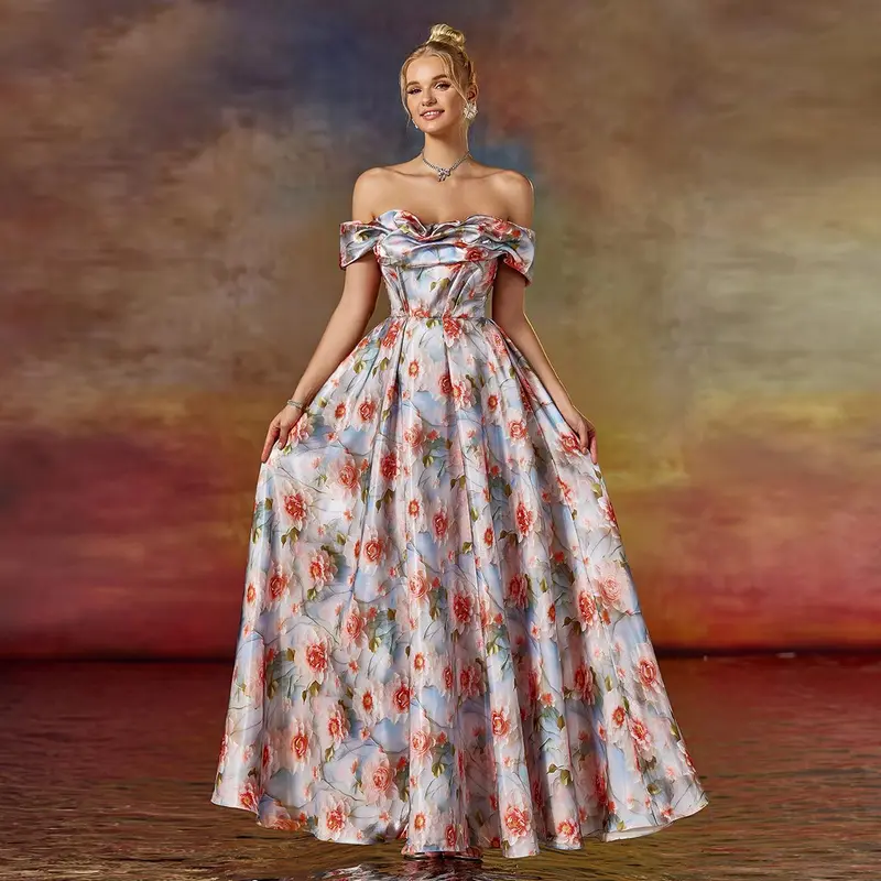 Vintage Floral Off-The-Shoulder Evening Gown - Pleated A-Line Prom Dress & Spring Wedding Guest Maxi