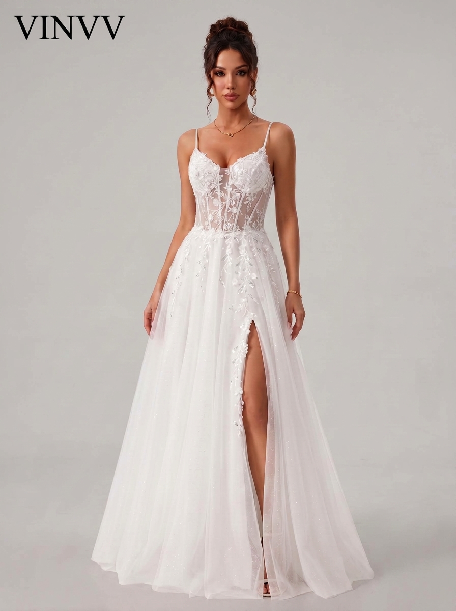 [Vinvv] SPU - 608S20LF017 White Lace Spaghetti Strap A‑Line Wedding Gown