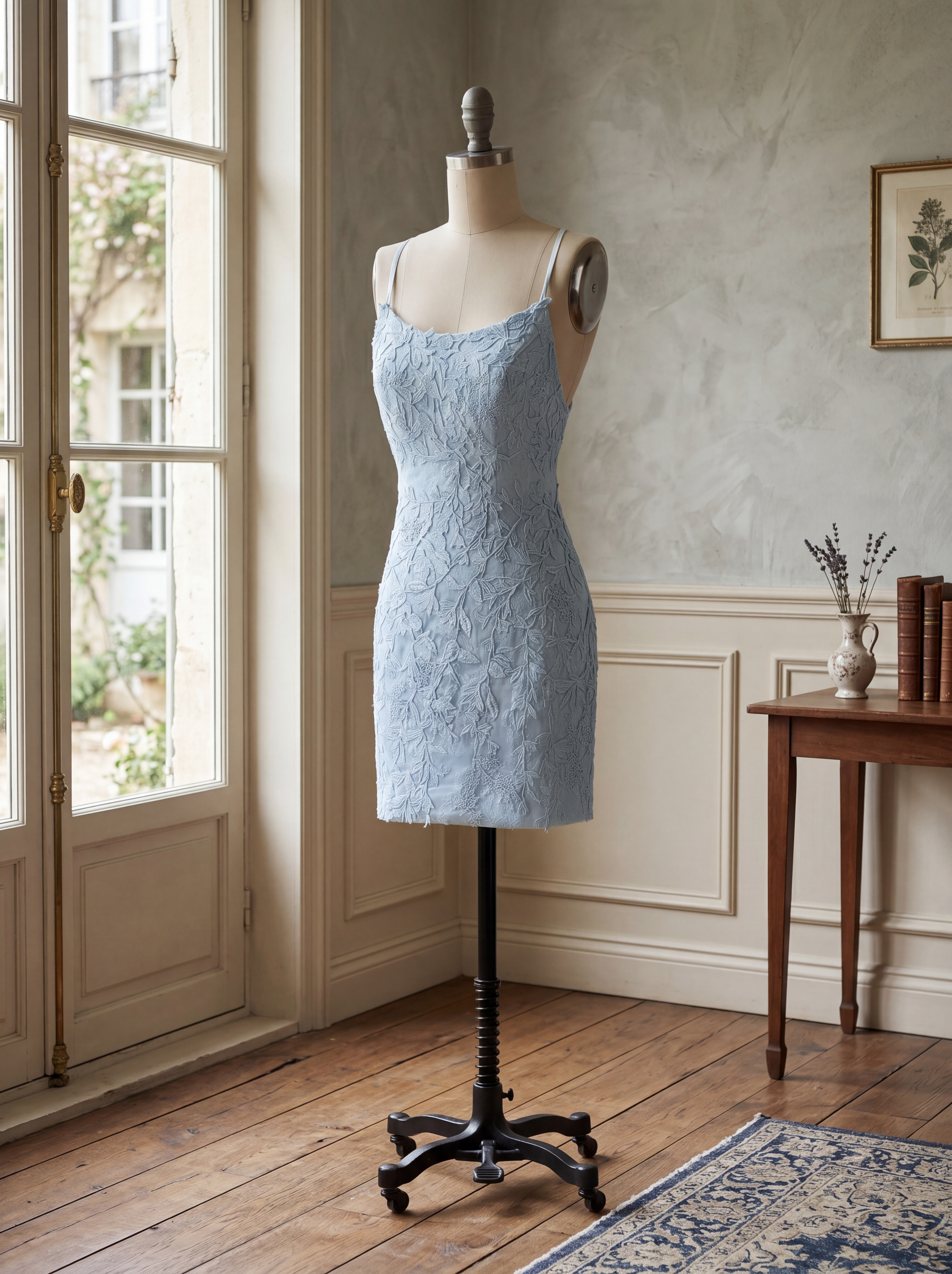 Dusty Blue Lace  Appliqué  Crisscross Backless Homecoming Dress | Bodycon Short Sparkly Mini Party & Graduation Dress