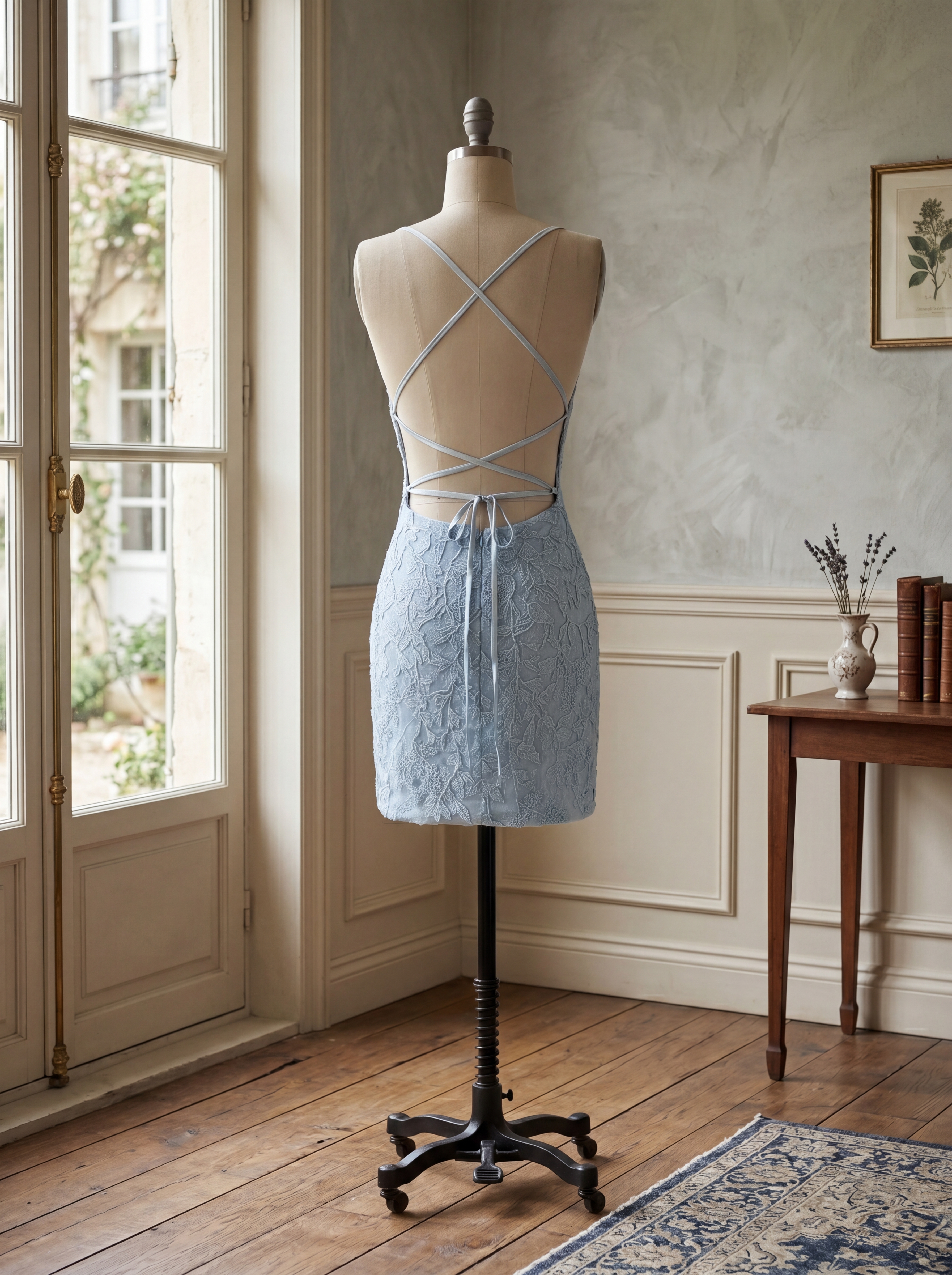 Dusty Blue Lace  Appliqué  Crisscross Backless Homecoming Dress | Bodycon Short Sparkly Mini Party & Graduation Dress