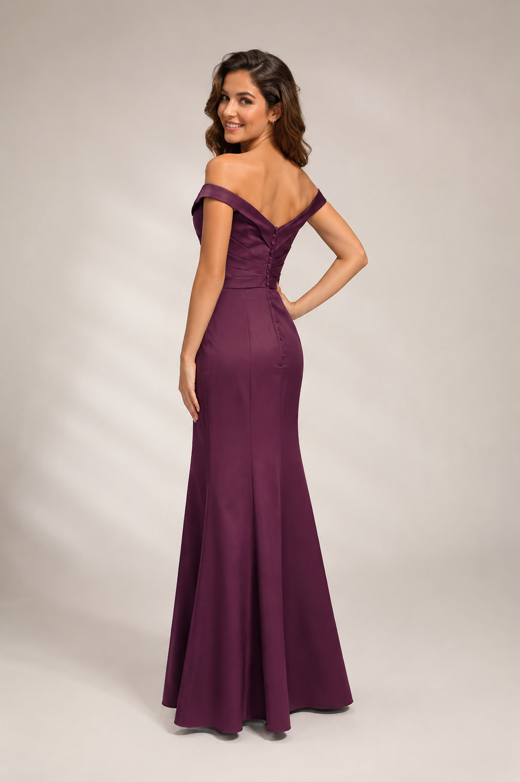 Plum Purple Off the Shoulder Evening Dress Long - Satin Mermaid Bridesmaid Gown with Side Bow