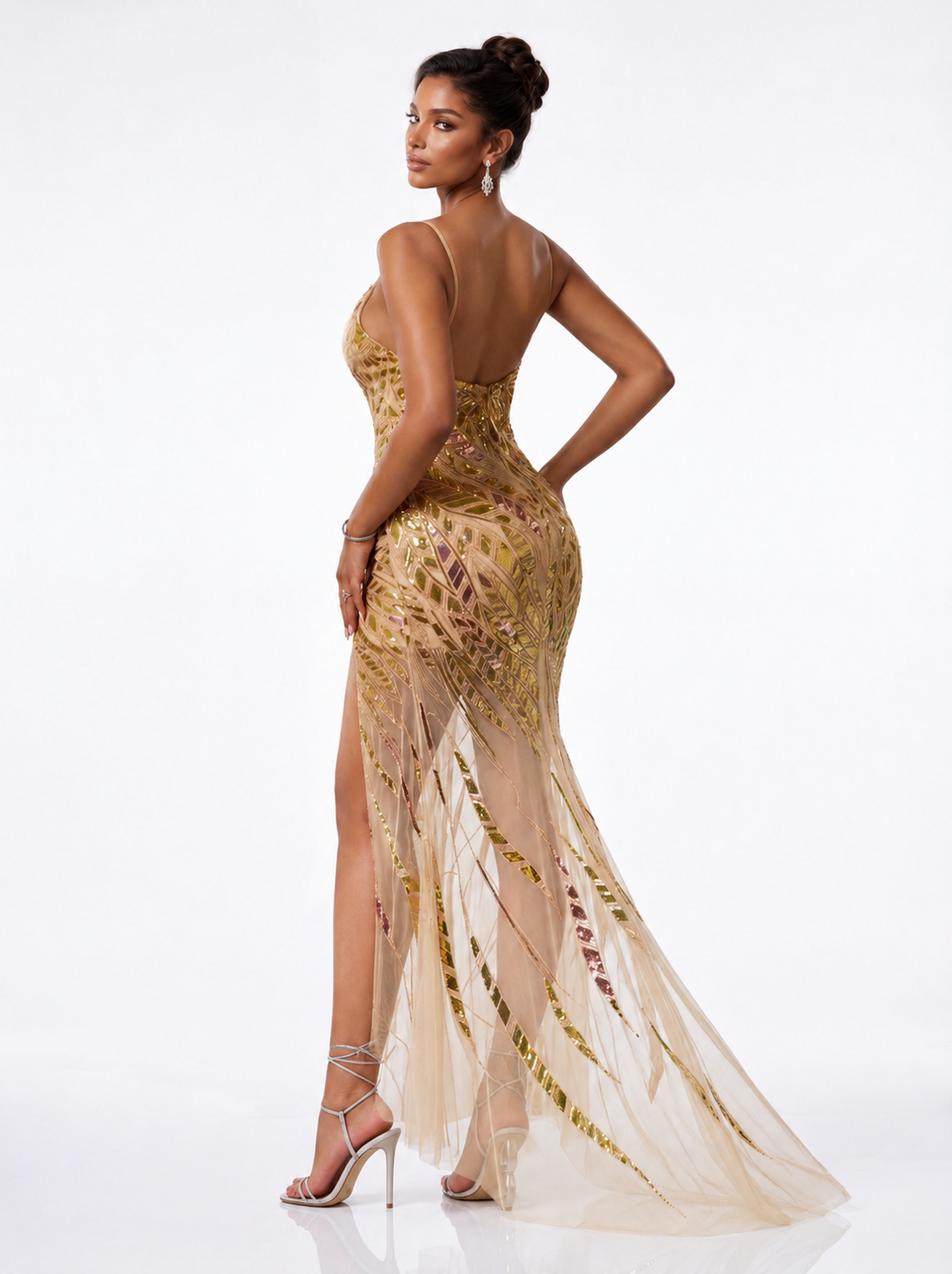 Golden Champagne Sequin Mermaid Prom Dress - Illusion V-Neck Evening Gown with High Slit & Tulle Train