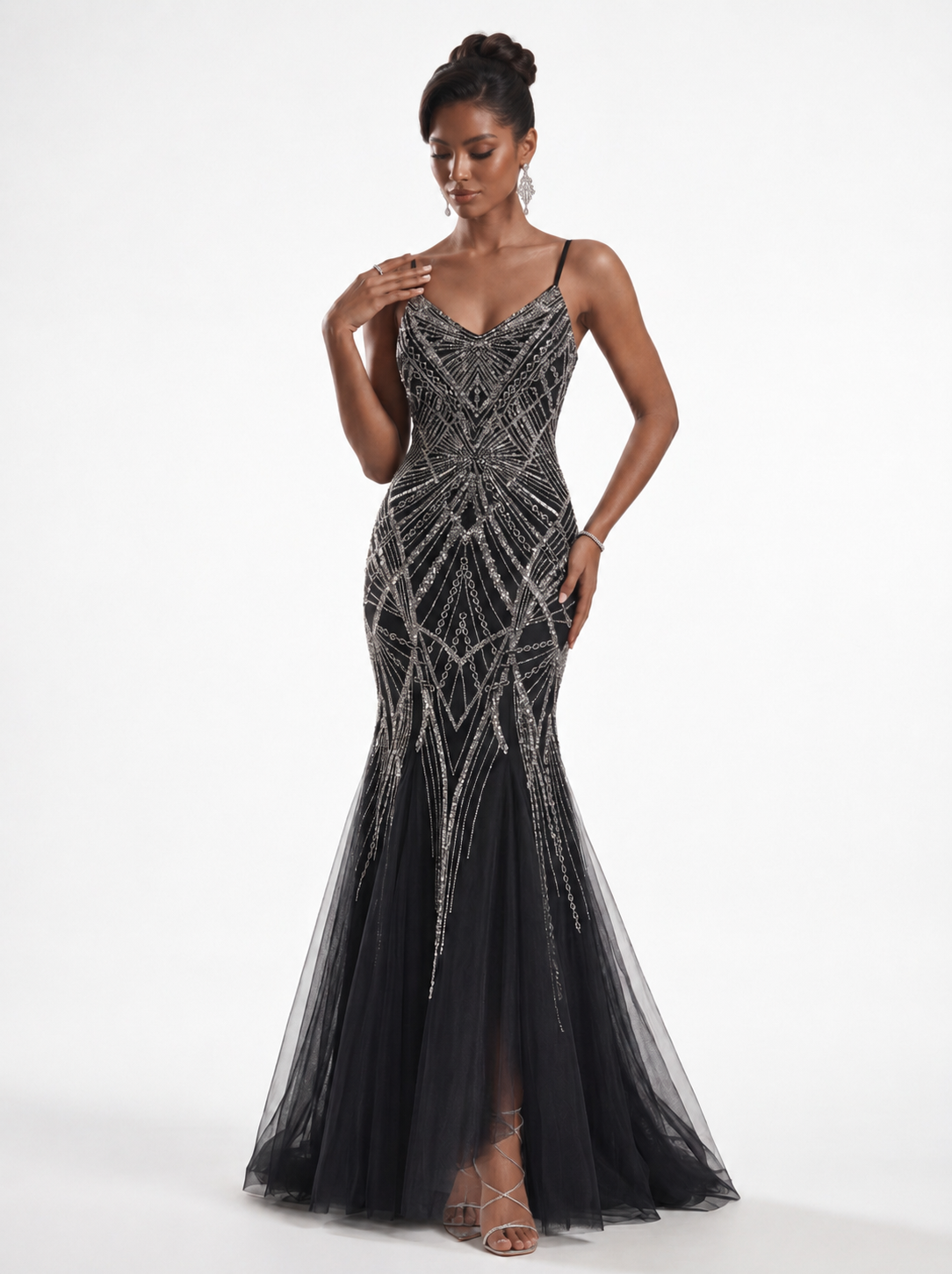 Black Art Deco Crystal Beaded Mermaid Evening Gown - Spaghetti Strap Tulle Prom Dress & Formal Gala Maxi