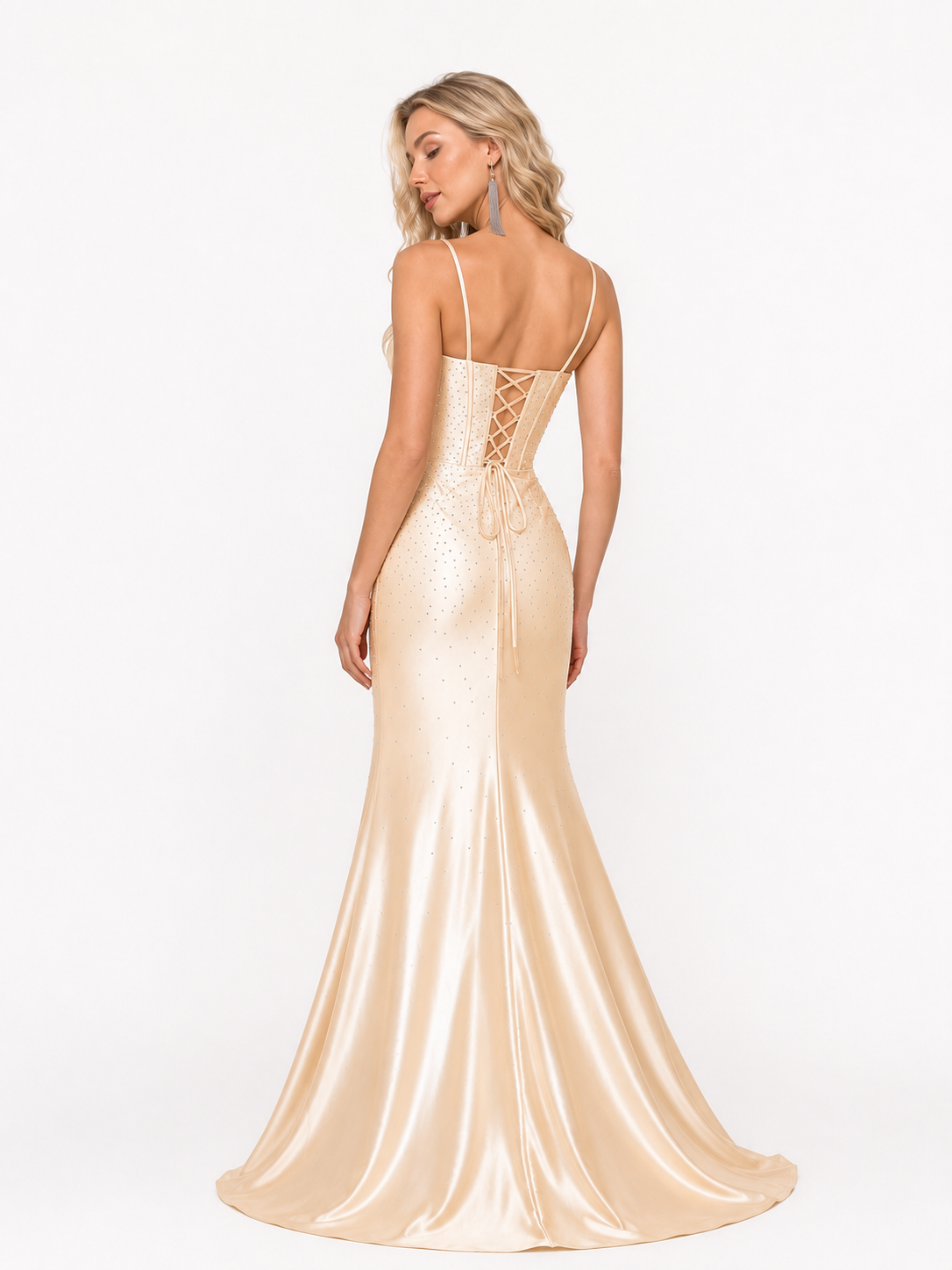 Champagne Satin Rhinestone Mermaid Prom Dress - Ruched Corset Evening Gown with High Slit