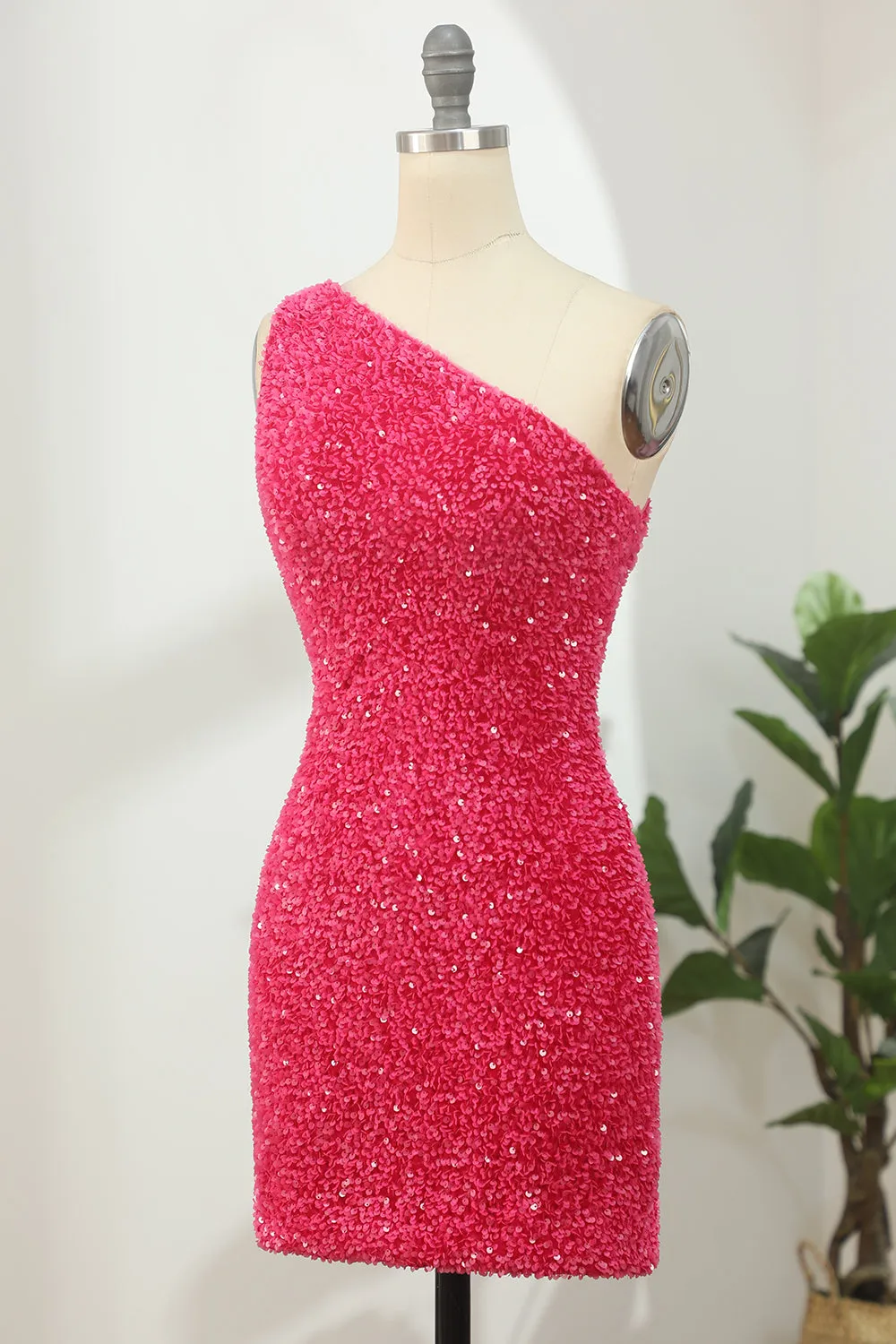 One Shoulder Fuchsia Sequin Bodycon Homecoming Dress | Short Sparkly Mini Dress for Graduation & Parties, Prom, Cocktail & Night Out