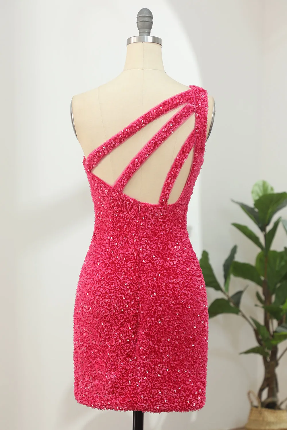One Shoulder Fuchsia Sequin Bodycon Homecoming Dress | Short Sparkly Mini Dress for Graduation & Parties, Prom, Cocktail & Night Out