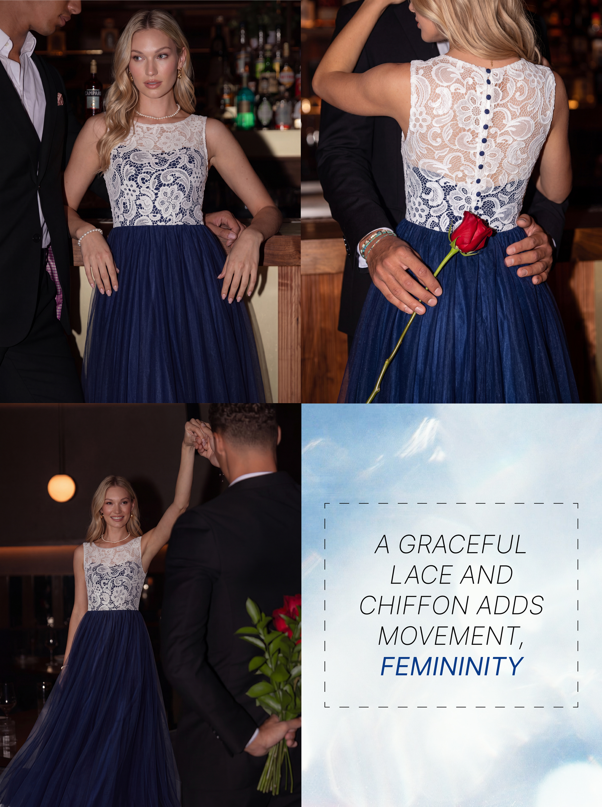 Navy Blue and White Lace Evening Dress Long - Illusion Neck Tulle Prom Ball Gown with Cap Sleeves