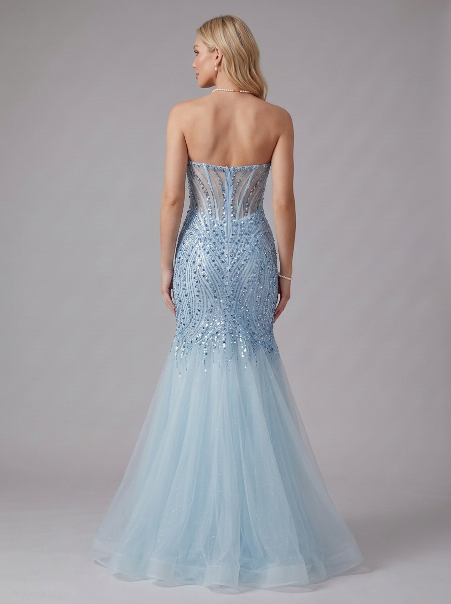 SPU - 608S20LF003 Sky Blue Beaded Sheer Mermaid Evening Gown