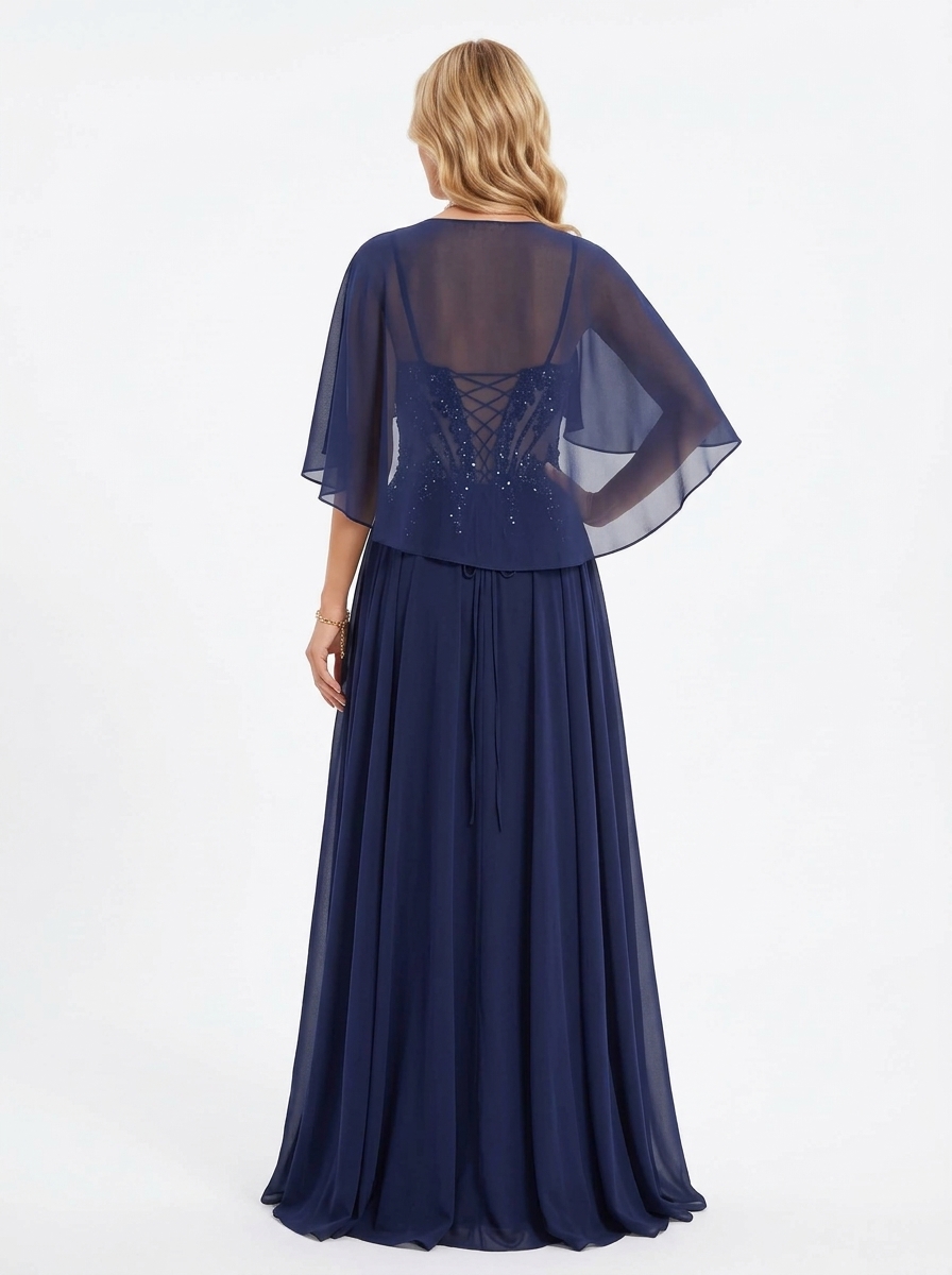 SPU - 608S20LF018 Navy Chiffon Corset Evening Gown