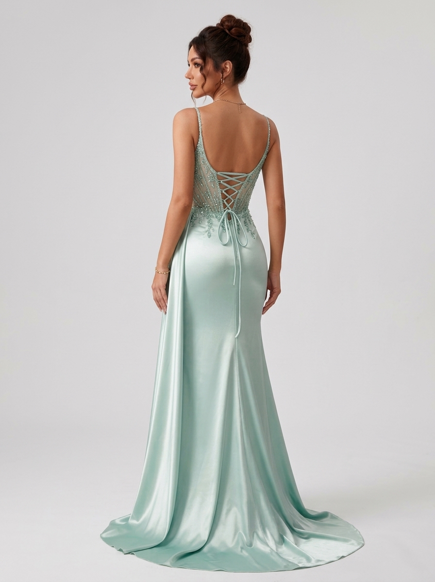 SPU - 608S20LF028 Sage Spaghetti Strap Slit Evening Dress 