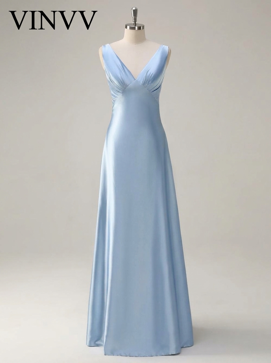[Vinvv] SPU - 408D06BN058 Sky Blue A Line V Neck Open Back Satin Long dressing downs