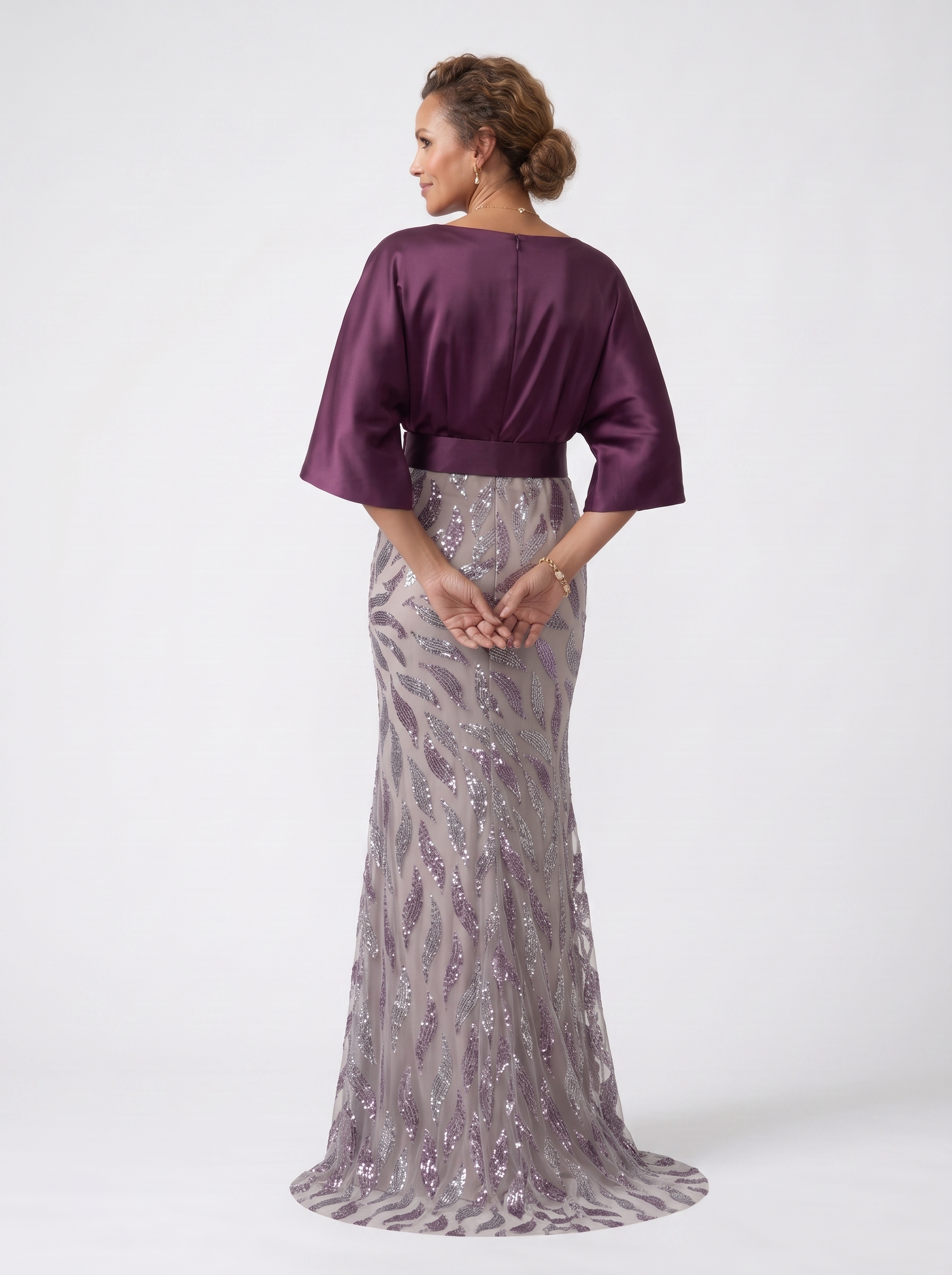 Dark Plum Satin Dolman Evening Gown - Sequin Mermaid Grandmother of the Bride Dress with Wide Waistband