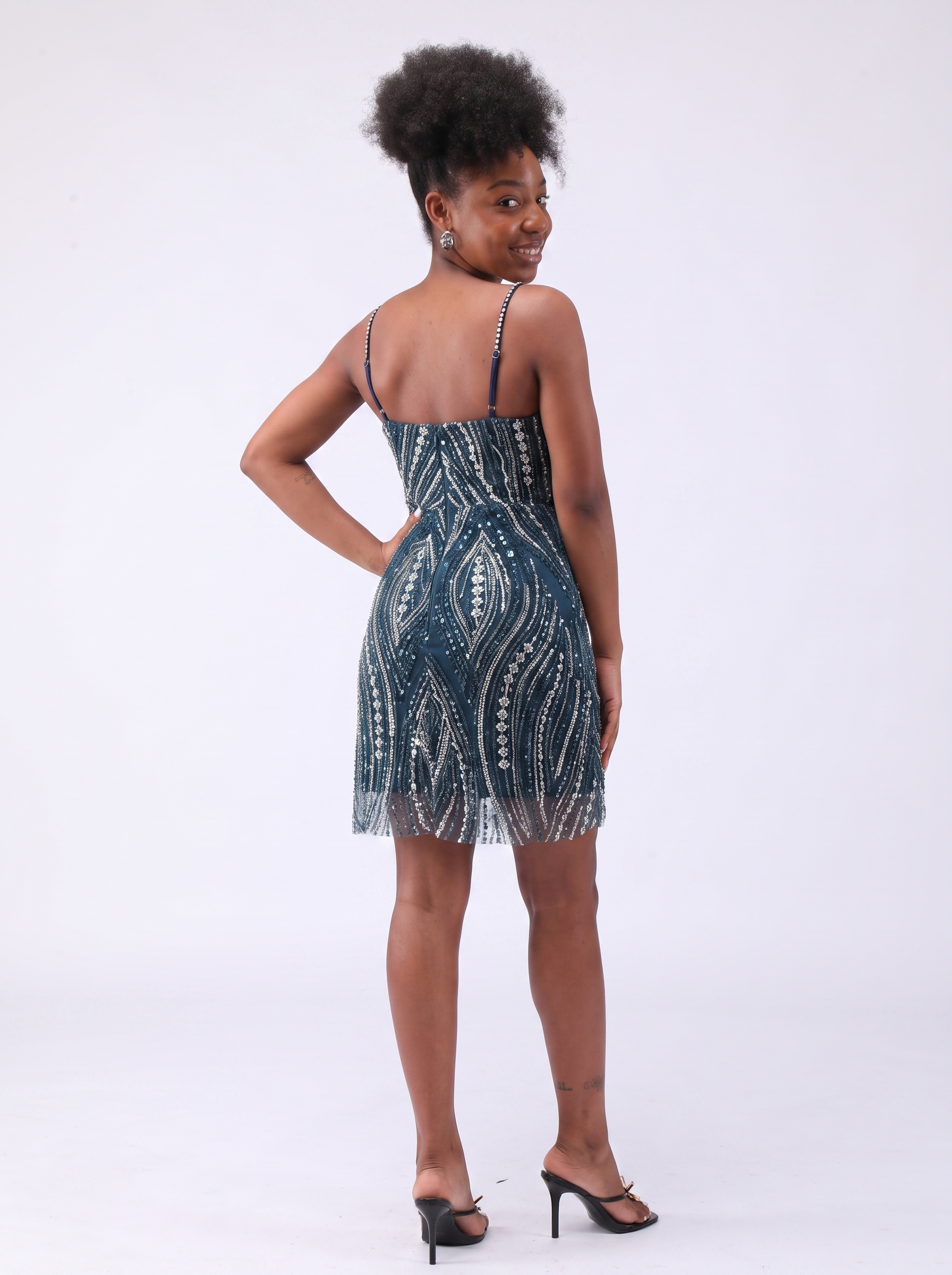 Sparkly Navy Spaghetti Straps Beaded Pearl Short Homecoming Dress with Sequins