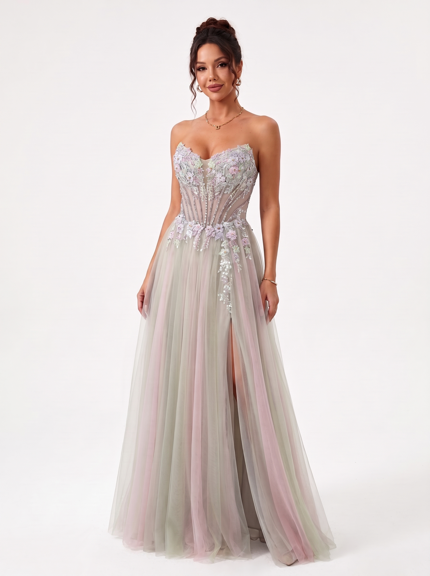 SPU - 608S20LF032 Pastel Floral Beaded Tulle Prom Gown
