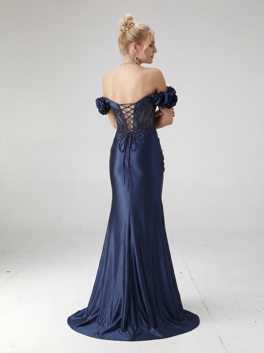 SPU - 608S20LF002 Navy Blue Off‑Shoulder Slit Mermaid Gown