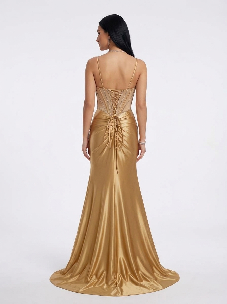SPU - 608S20LF026 Gold Beaded Satin Evening Gown