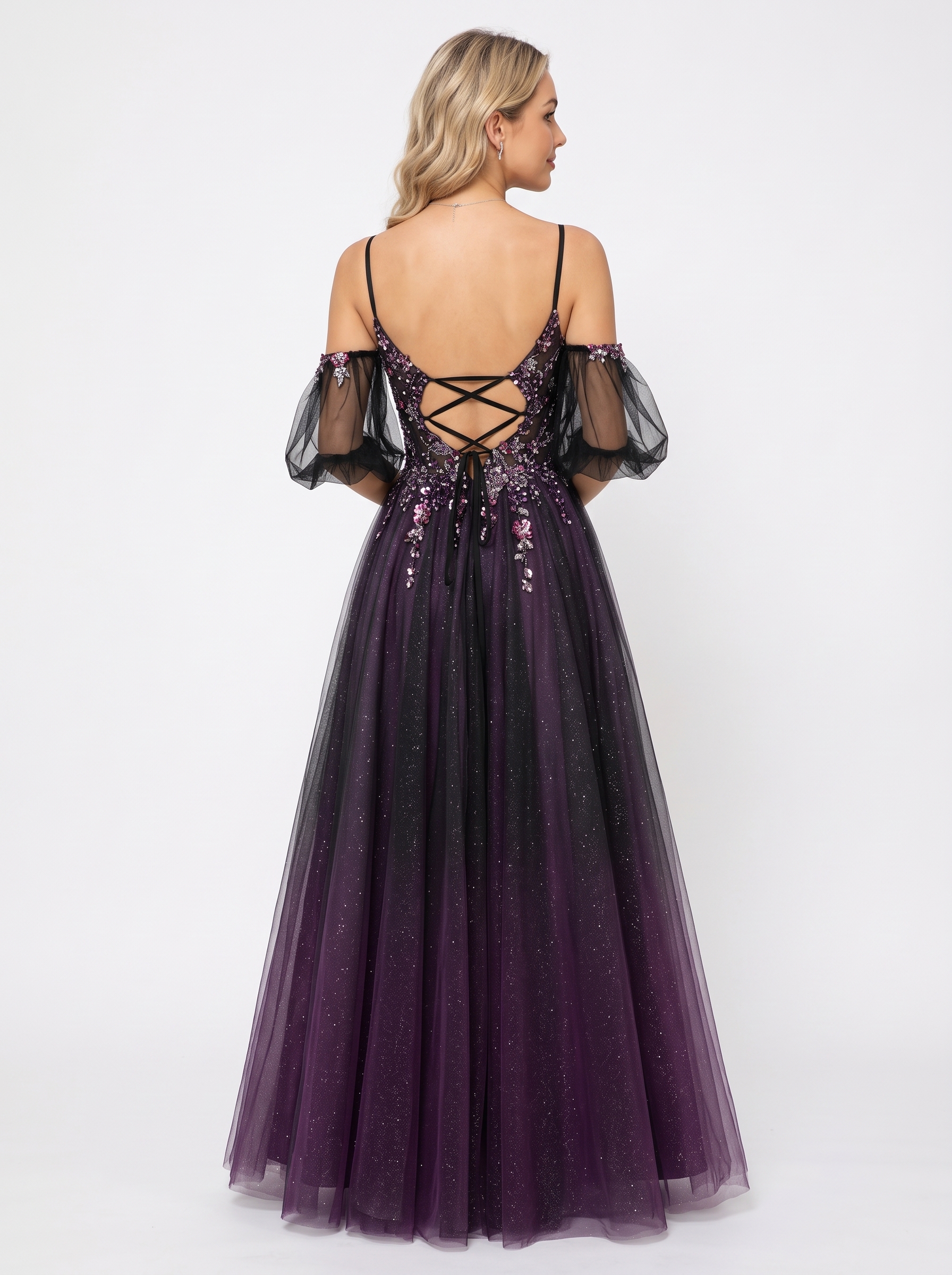 SPU - 608S20LF016 Dark Purple Floral Off‑Shoulder Tulle Gown