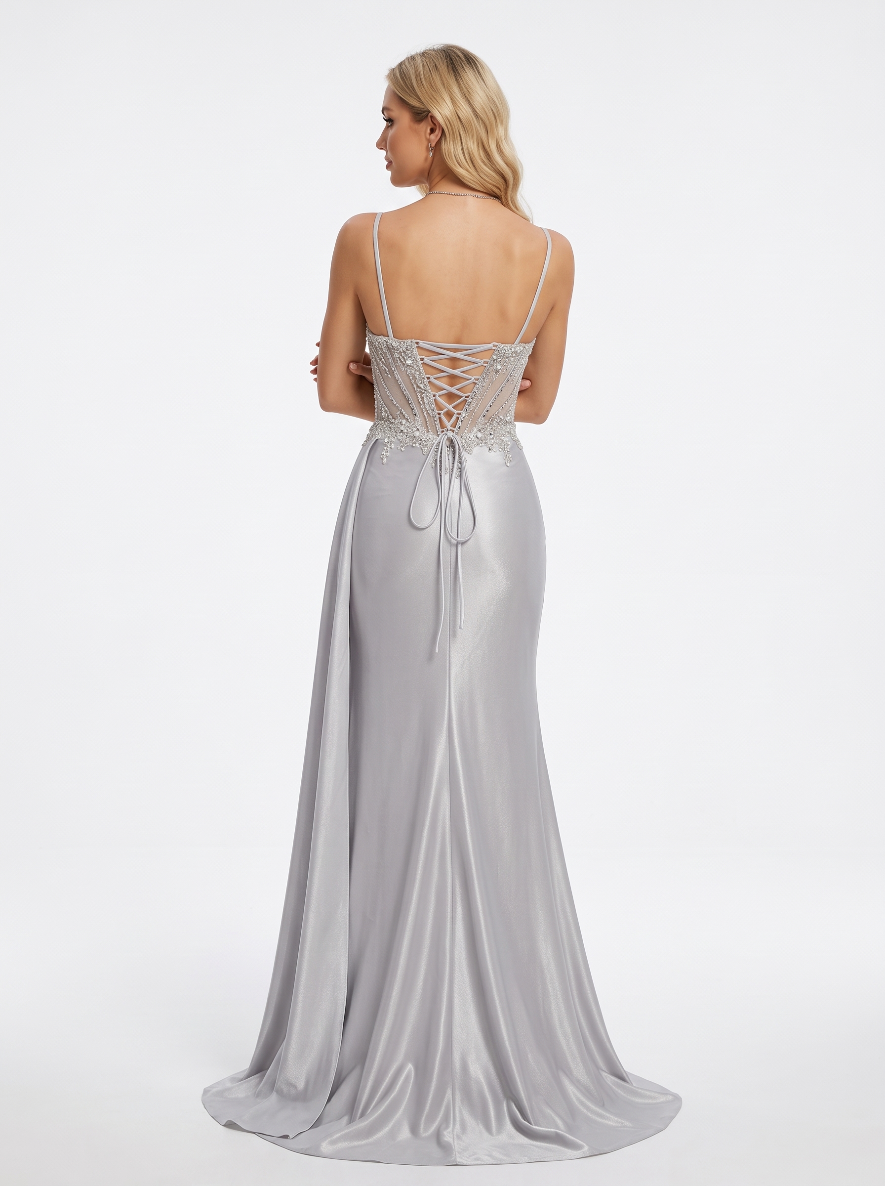 SPU - 608S20LF023 Silver Beaded Slit Prom Gown