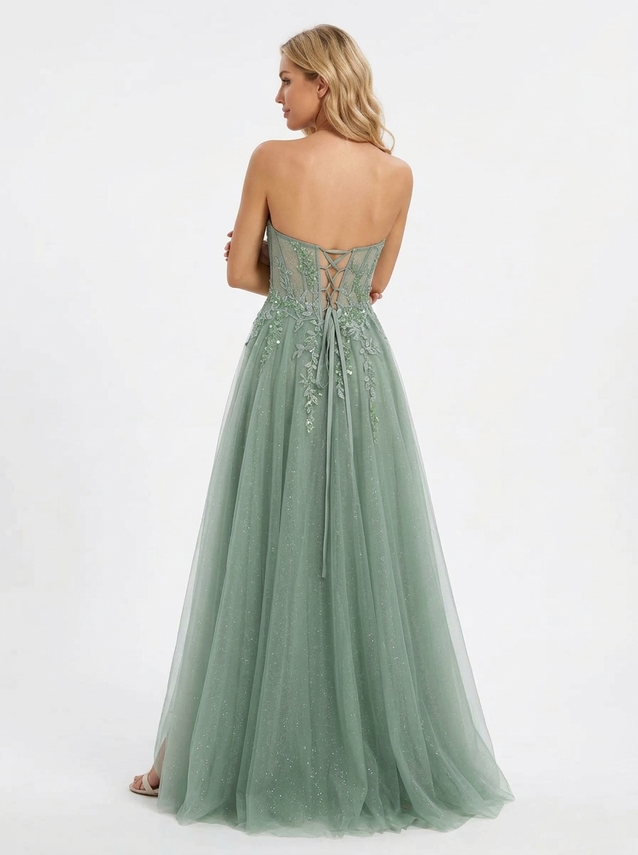 SPU - 608S20LF030 Sage Lace Appliqued Tulle Prom Dress