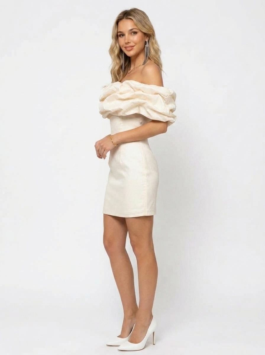 SPU - 608S40LF012 Ivory Off‑Shoulder Ruffle Bodycon Dress