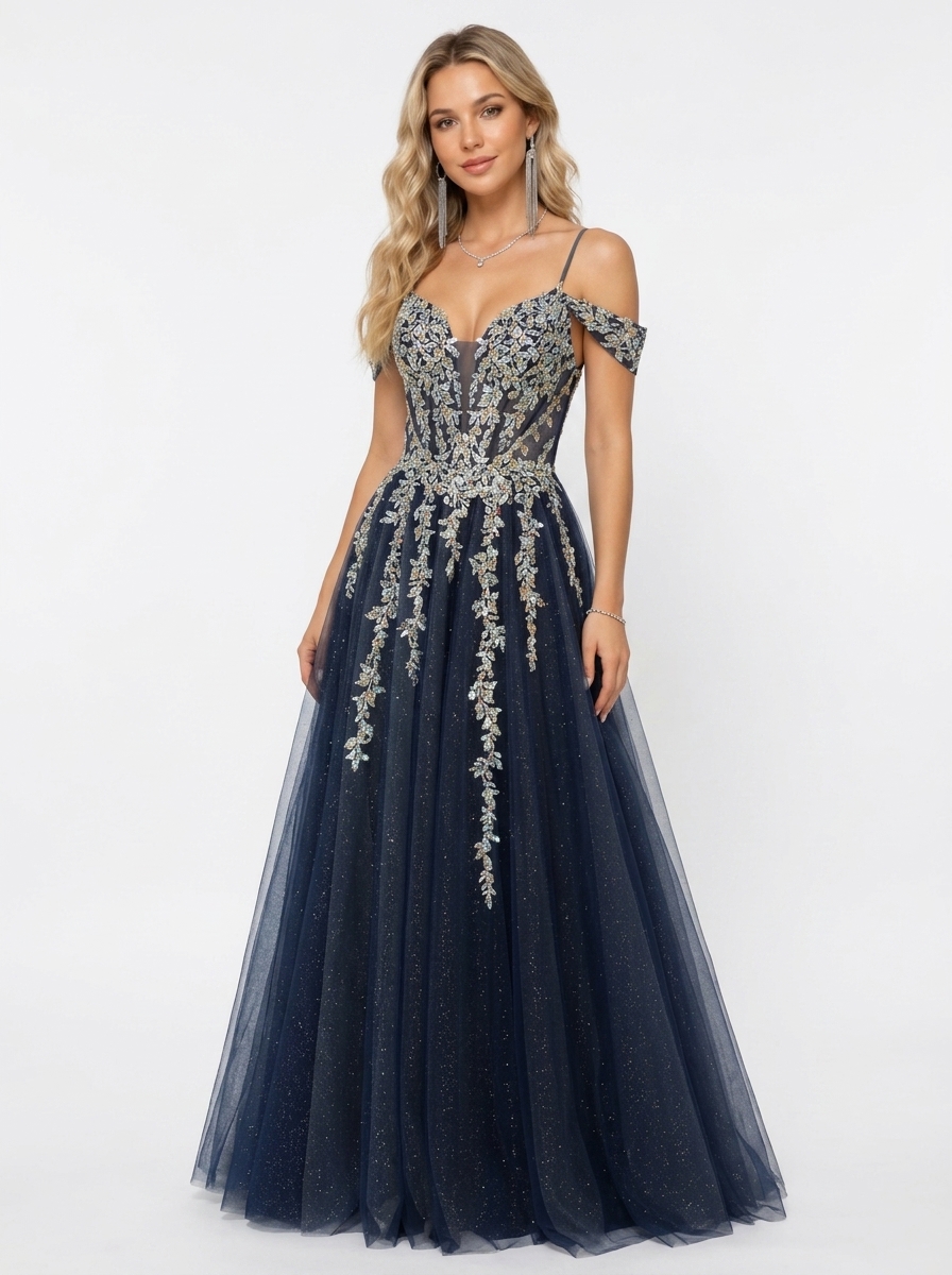 SPU - 608S20LF009 Navy Blue Gold Lace Off‑Shoulder Gown