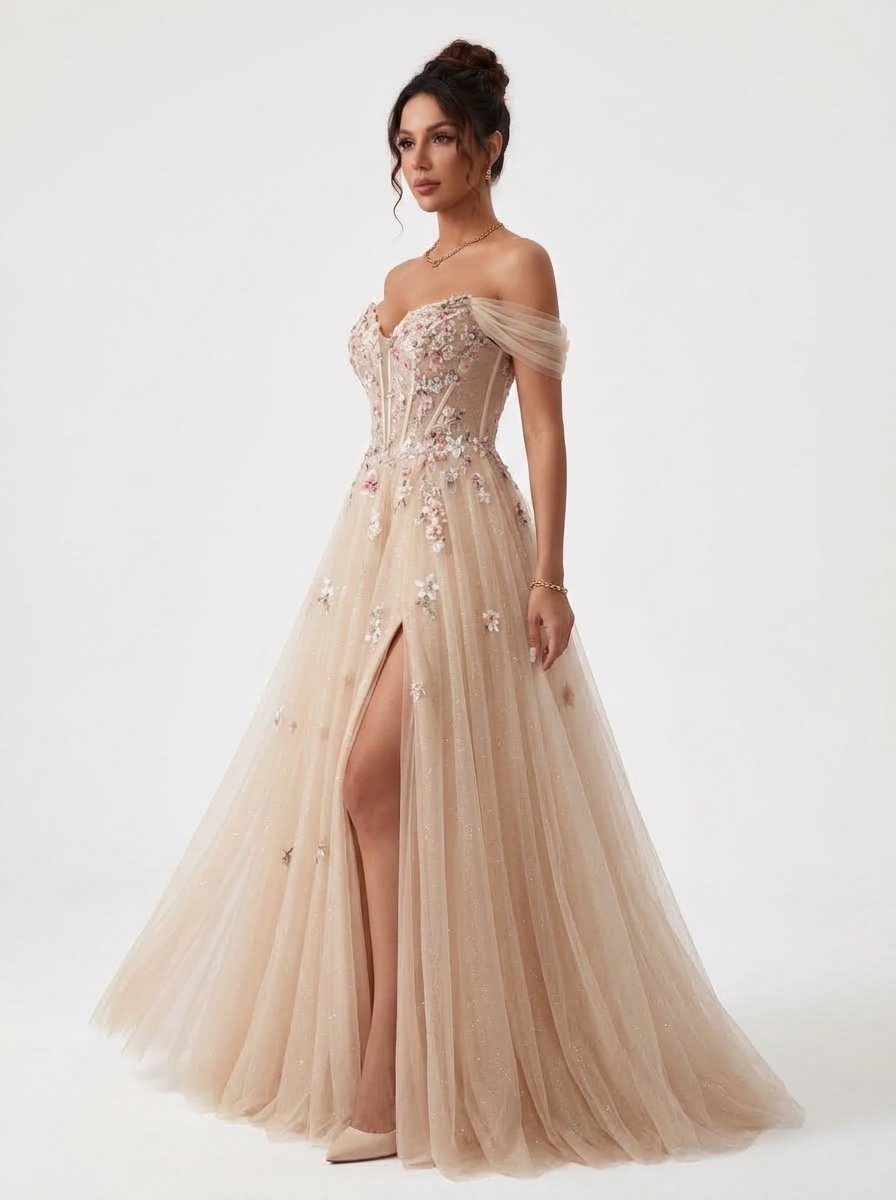 SPU - 608S20LF010 Champagne Floral Off‑Shoulder Tulle Gown