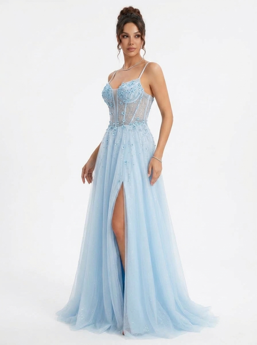 SPU - 608S20LF012 Sky Blue Beaded Spaghetti Strap A‑Line Gown